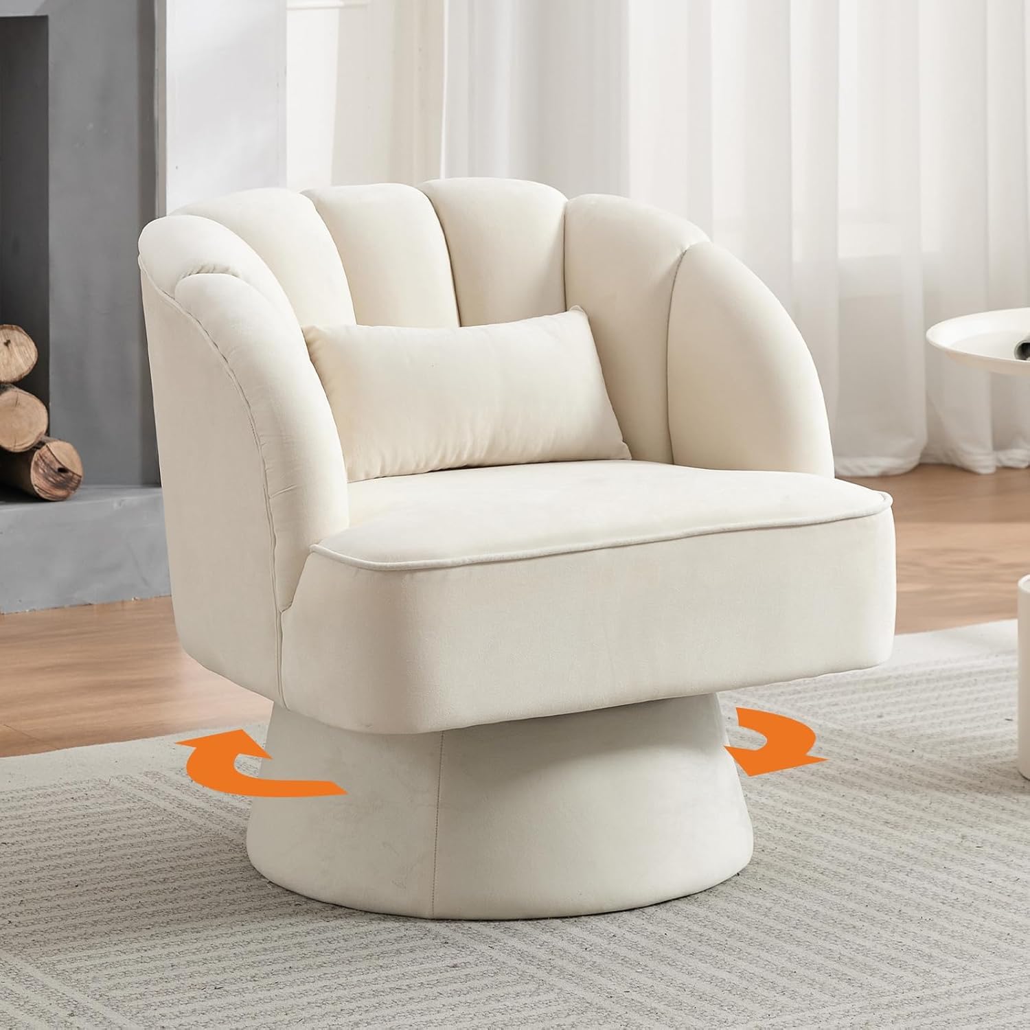 Poltrona girevole moderna in velluto a 360 gradi con schienale a righe e imbottitura in peluche, comoda poltrona rotonda per soggiorno, camera da letto, angolo lettura, beige