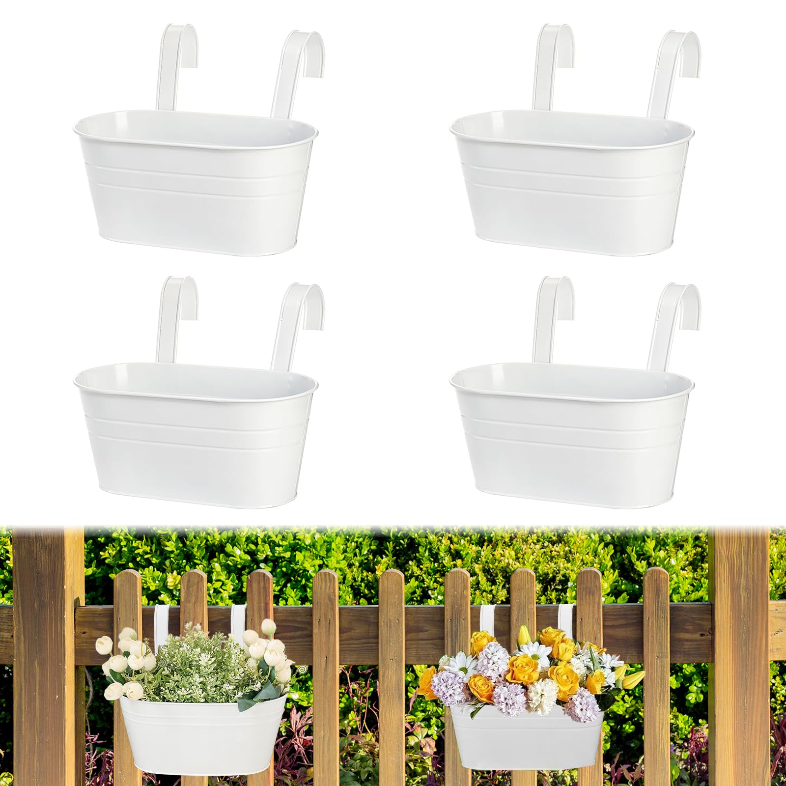 4 Stück Metall Blumentopf Hängend, Groß Hängetopf für Pflanzen, 27cm Blumentöpfe zum Aufhängen, Mit Abflussloch, für Balkonzäune, Gartendekoration, Mauerzäune (Weiß)
