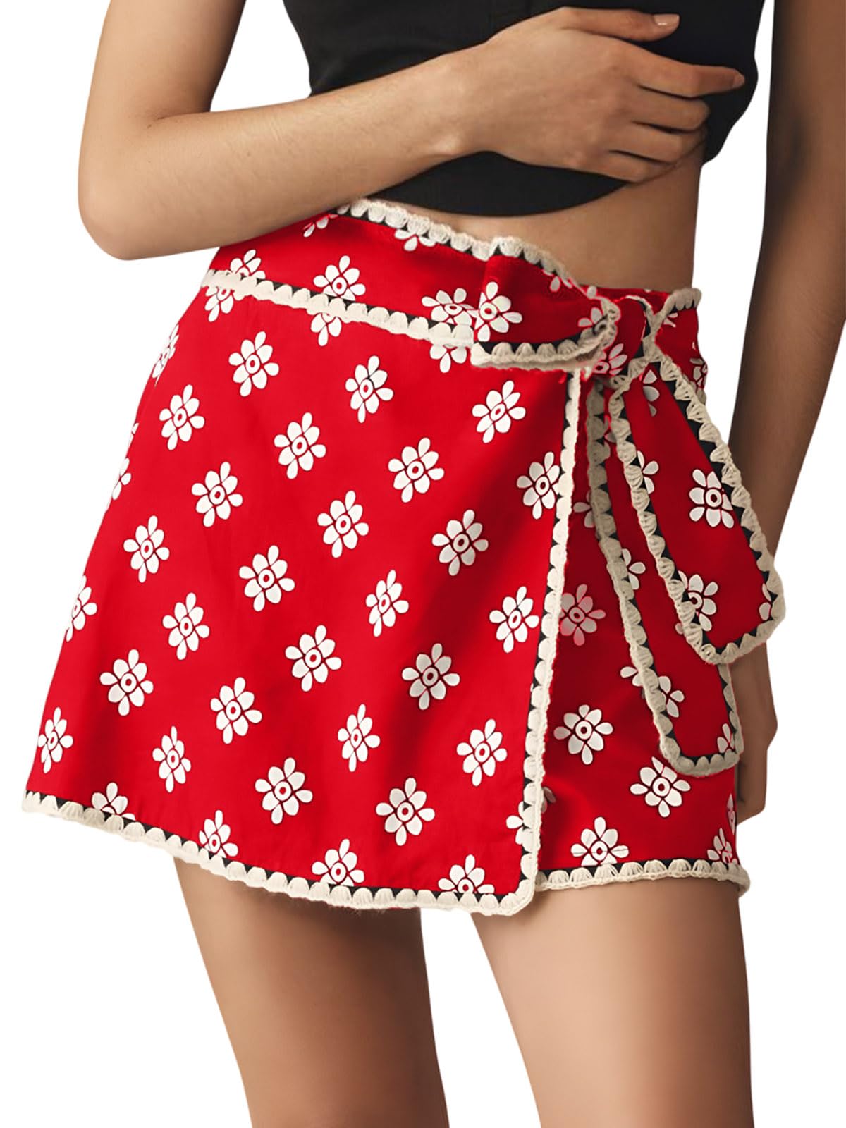 Mini Wrap Skort for Women Black Flowy Bodycon Print Shirt Short Elastic Waist Fall Casual Mini Skort Red Small