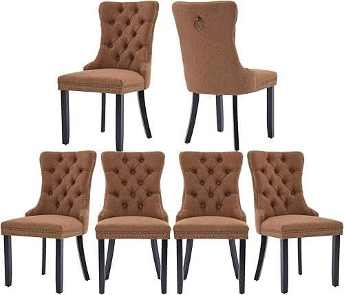 Juego de 6 sillas de comedor marrones, sillas de comedor tapizadas con tela de lino acolchada con capitoné, con respaldo alto, ribete de tachuelas y