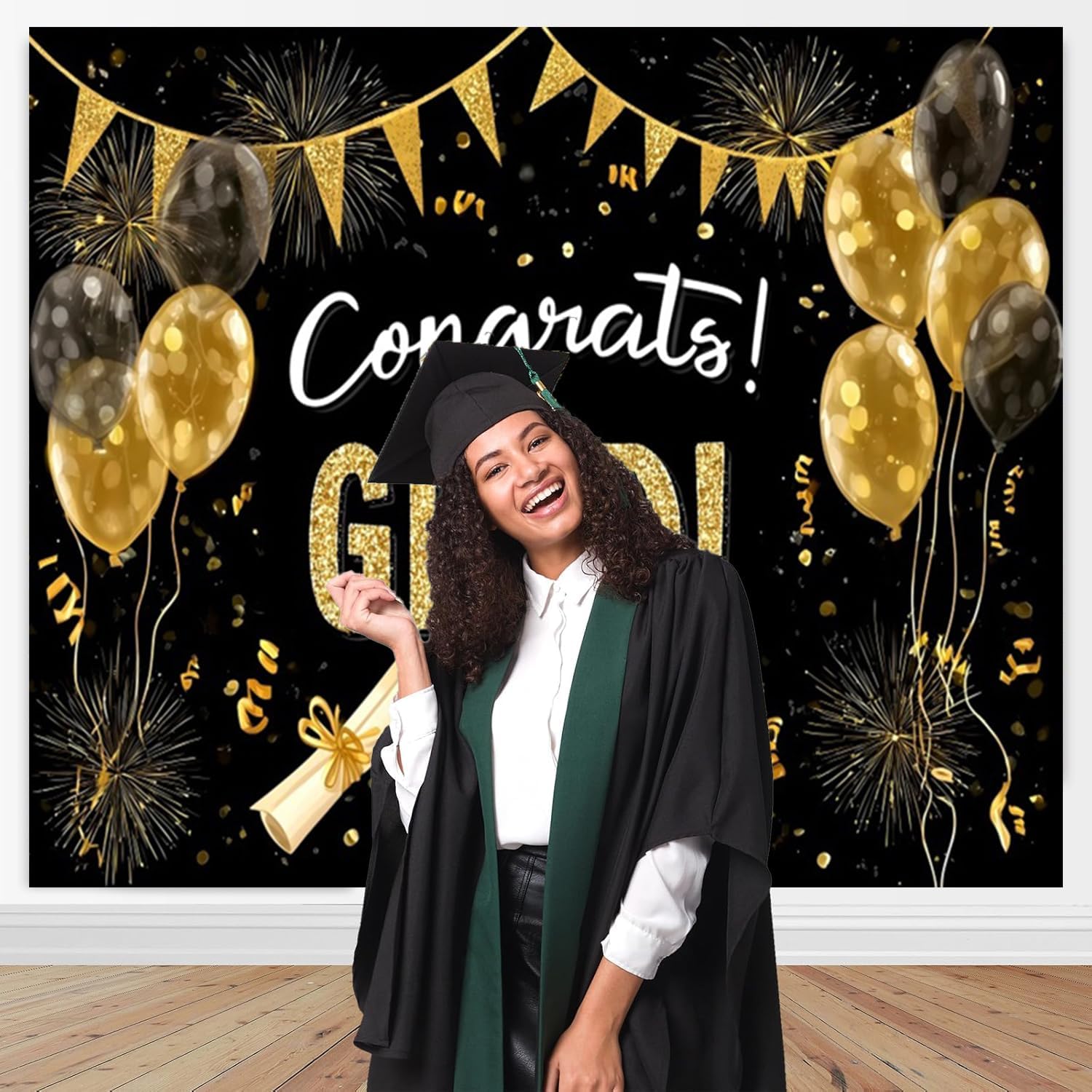 10x10ft Congrats Grad Backdrop Black and Gold Glitter Class of 2026 Graduation Photo Backdrops for Photoshoot Golden Balloon Fireworks Photography Background for College Graduation Decorations 2026