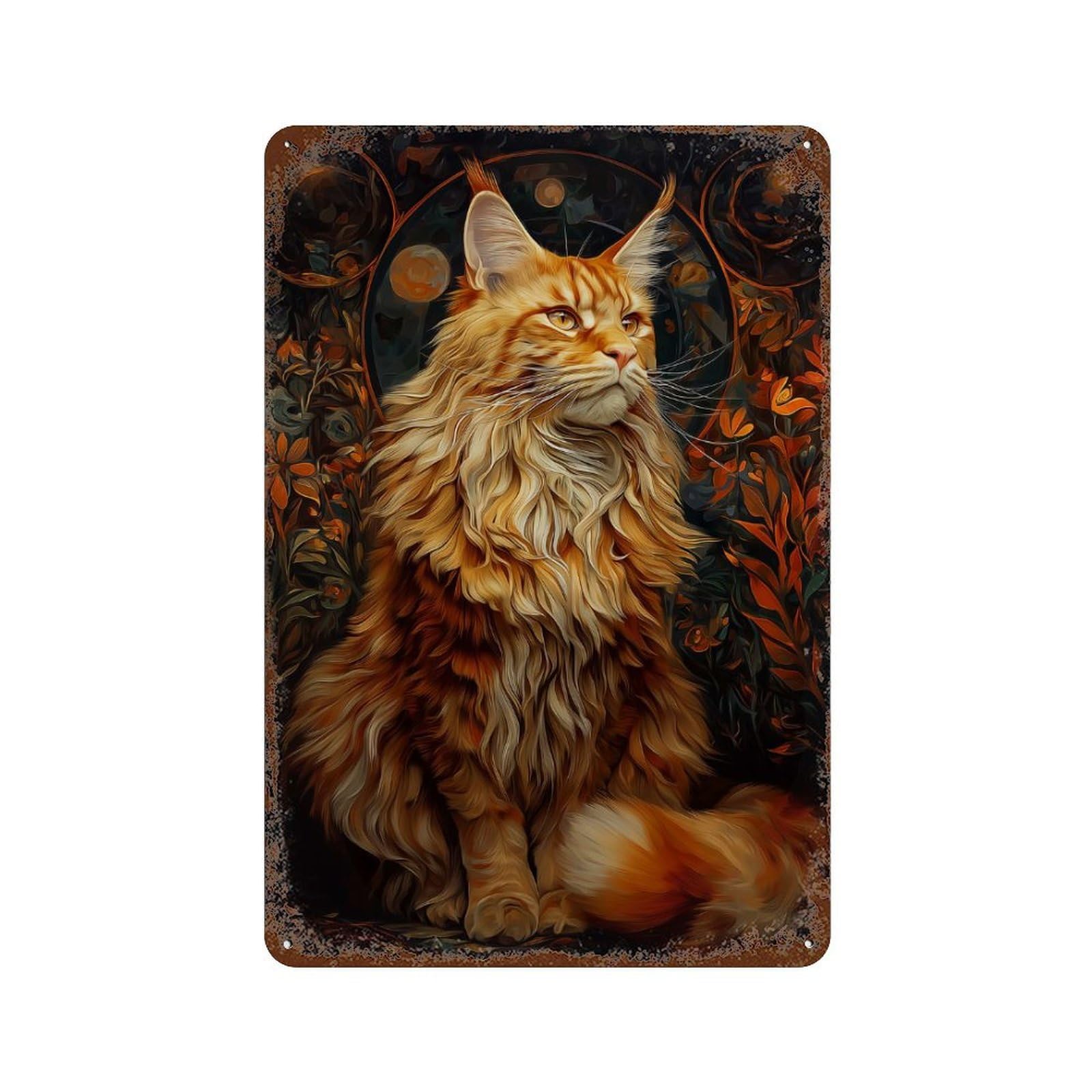Majestic Red Tabby Maine Coon Cat Portrait with Floral Background Decorative Tin Sign 11.8"x7.9", Retro Wall Decor for Basement, Hobby Room And Garage Decor