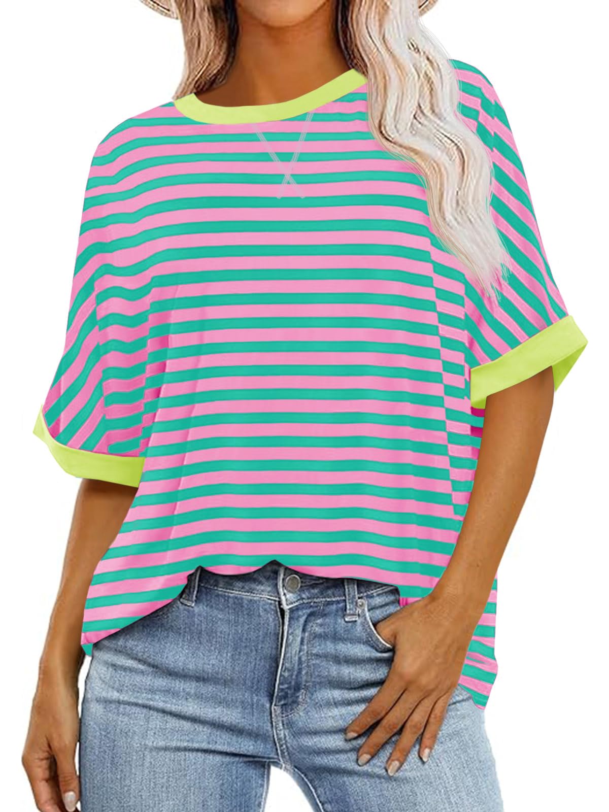 Tankaneo Womens Oversized Striped Tee Shirt Summer Casual Color Block Half Sleeve Crew Neck Tunic Tops