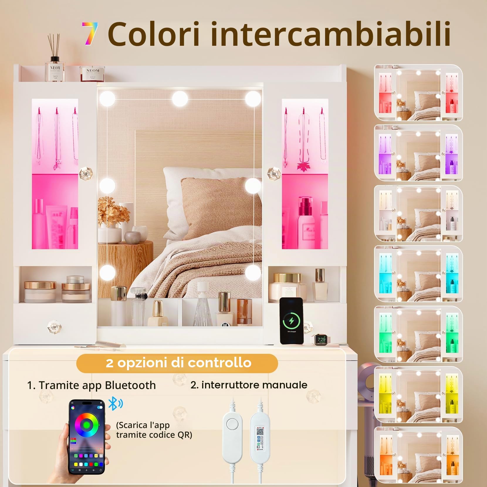 Dripex Tavolo da Toeletta con 10 Sfere LED e Prese, Specchio e 2 Vetrine Trasparenti con RGB, 7 Cassetti, Bianco