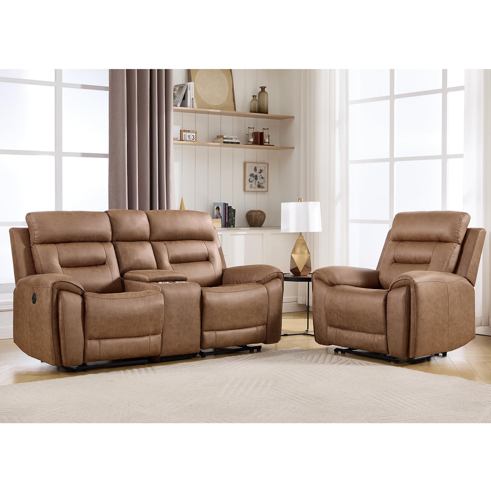 ANJ 2-Piece PU Leather Recliner Sofa Set with Charging Port, Include Single Power Recliner Chair and Electric 2-Seater Loveseat Reclining Couch with Hidden Storage &amp; Cup Holders for Living Room, Brown