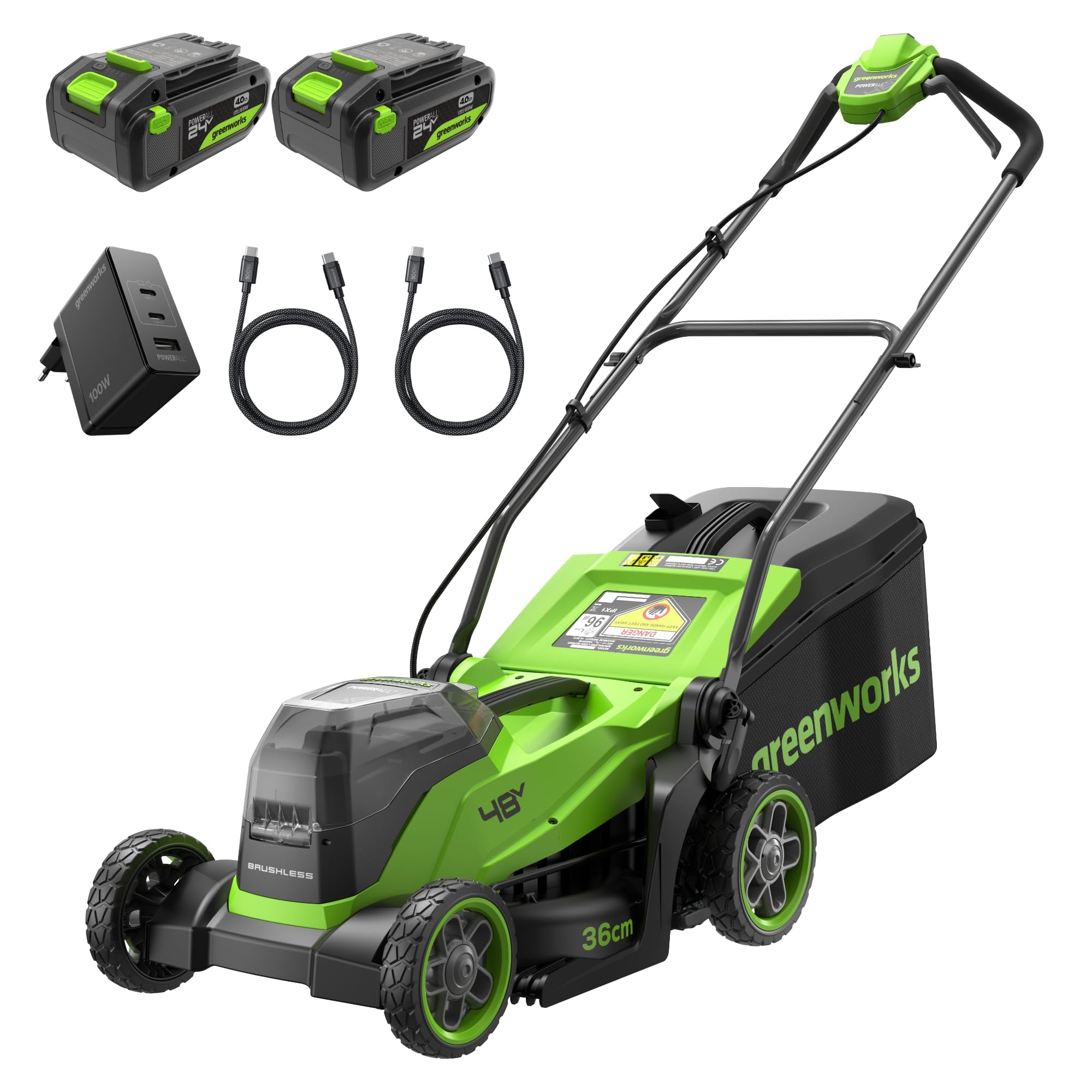 Greenworks 48V (24V x 2) Tosaerba a Batteria Li-Ion, Ampiezza di taglio 35cm, Tagliaerba Elettrico Batteria CON Due Batterie 4Ah e Caricabatterie Doppio MO48L421-01