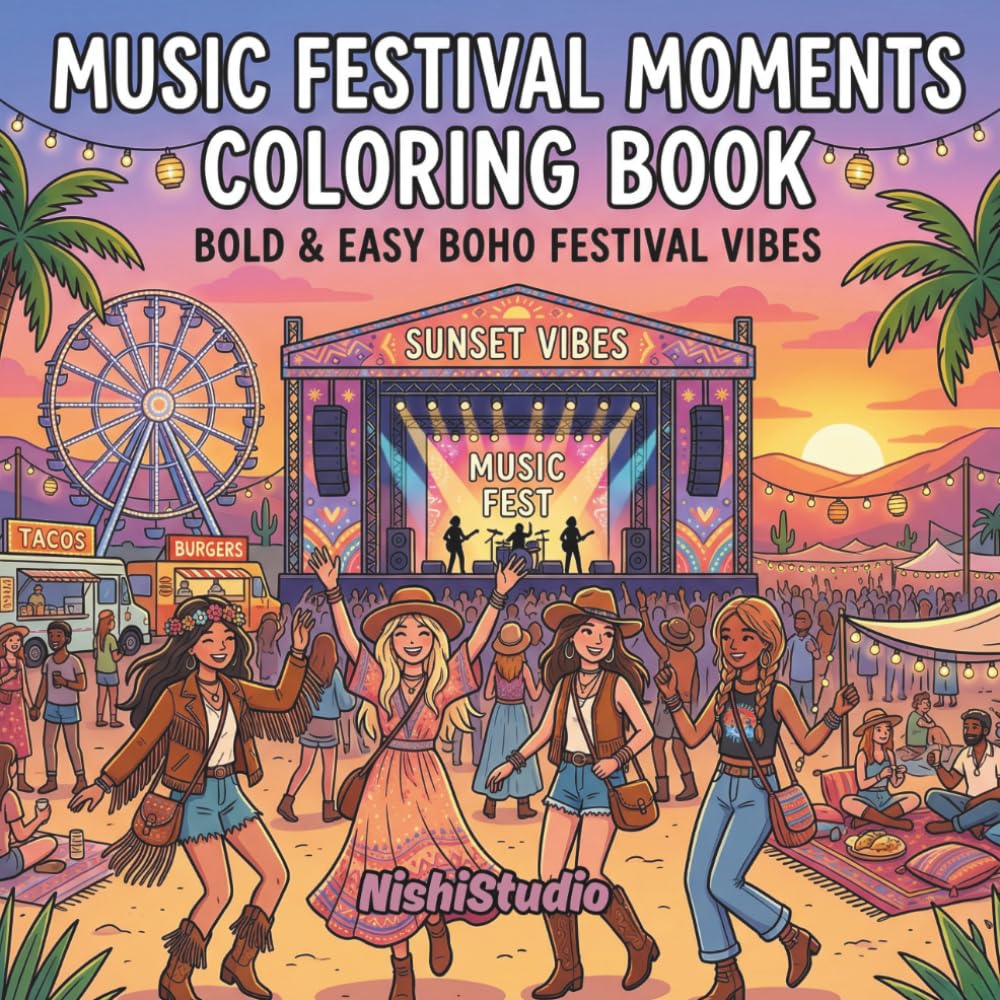 Music Festival Moments Coloring Book: Bold & Easy Boho Festival Vibes for Relaxation, Style & Pure Good Energy