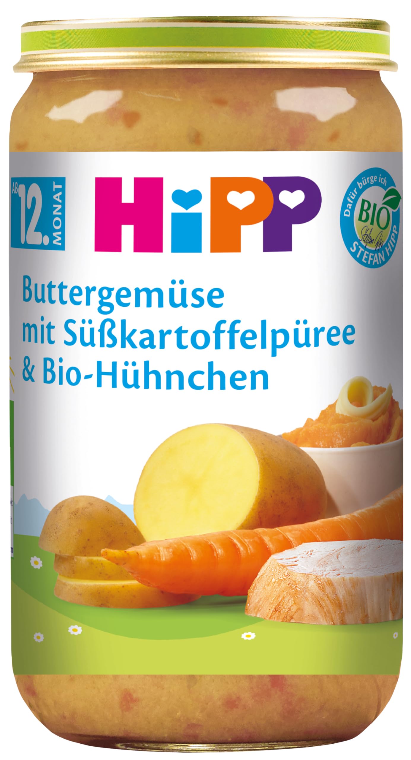 HiPP Buttergemüse mit Süßkartoffelpüree und Bio-Hühnchen (6 x 250g), ab 12. Monat, salzarm, glutenfrei, mit Omega-3, stückig - wichtig fürs Kauenlernen, in bester Bio Qualität