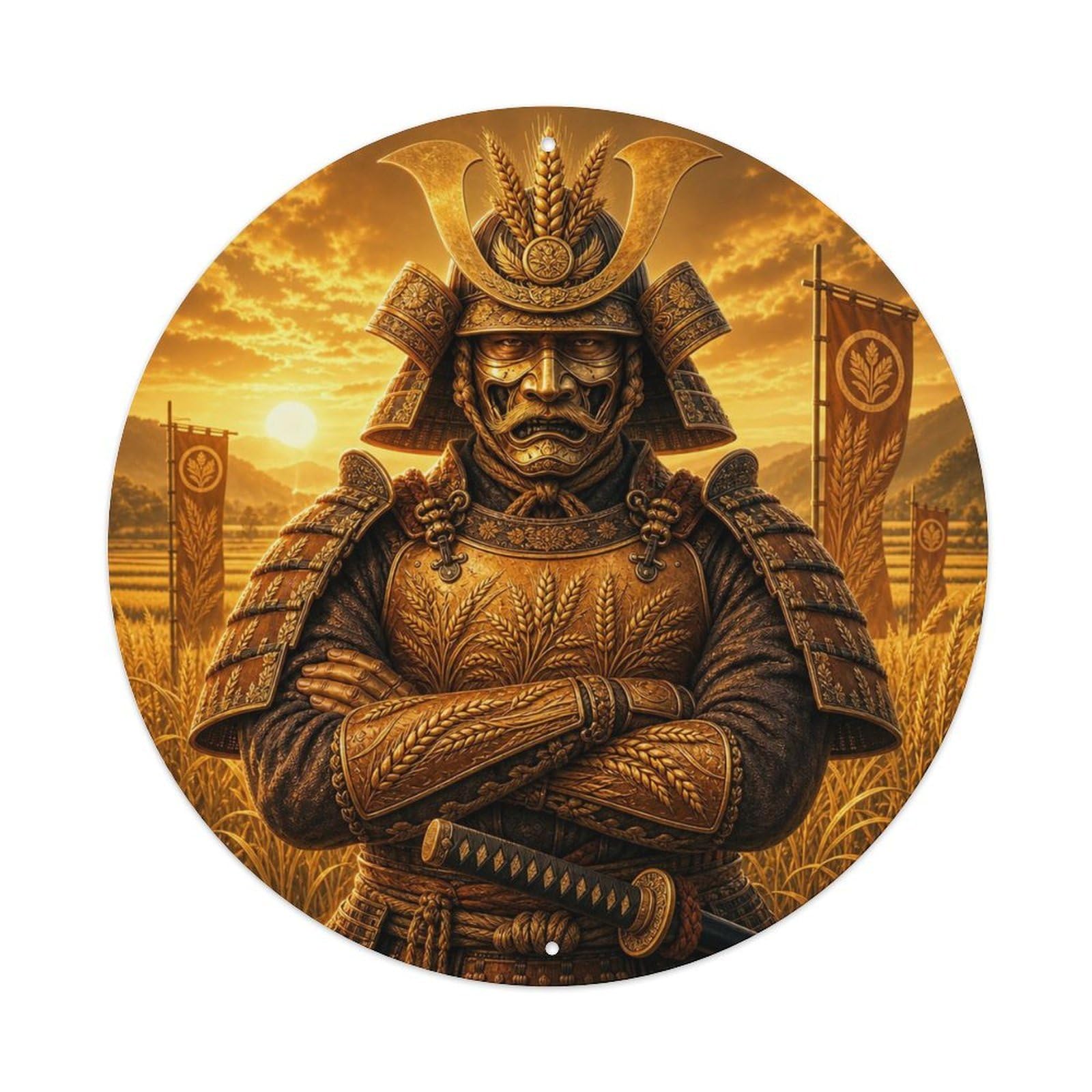 Okngb Style Moon Amber Harvest Crossed Arms Authority Katana Badge Metal Tin Sign Plaque Wall Decor For Cafe, Man Cave, Club Bar, Office, Home Garden Round Metal Poster 8X8inch