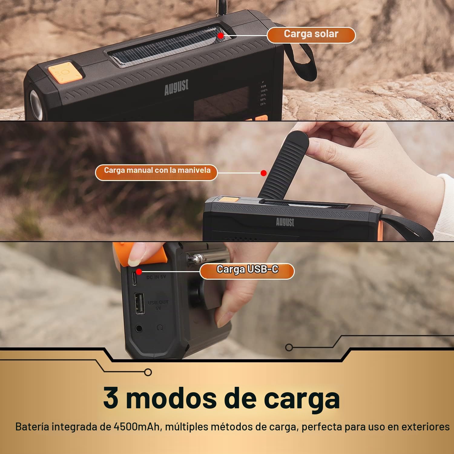 August MB290B Radio Emergencia de Cuerda con Bluetooth Camping o Pesca Recargable Banco de Energía Solar 4500mAh Portátil Dab/FM Radio, Bluetooth 5.0, 3.5mm - Manivela 3 Brillo Linterna - Negro