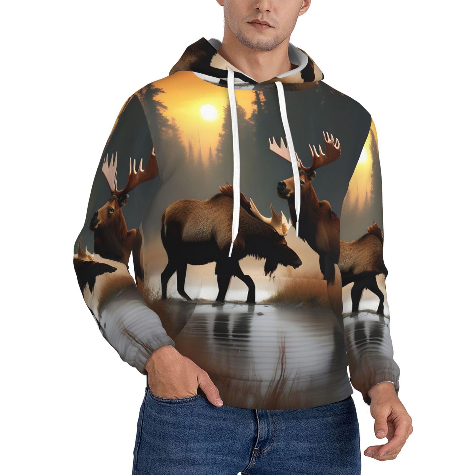 Pull à capuche homme motif élan et ours imprimé à cordon serrage - 8