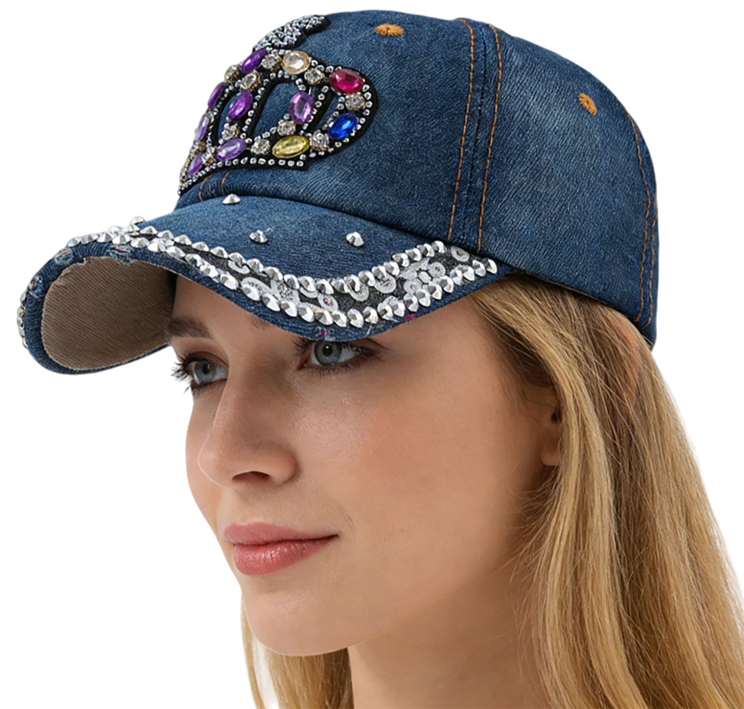 Denim Baseball Cap Rhinestone Sun Visor Hats Adjustable Shiny Bling Jeans Hat for Women Men