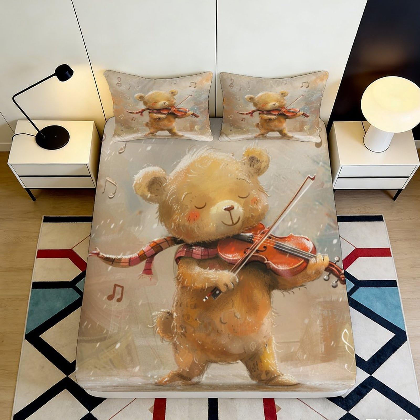 Pnayamiorkfel Style-10 3D Printed Cute Bear Violin Fitted Sheet Microfiber Soft Anti-Slip Bed Cover For Bedroom Guest Room Decor 90X200x25cm