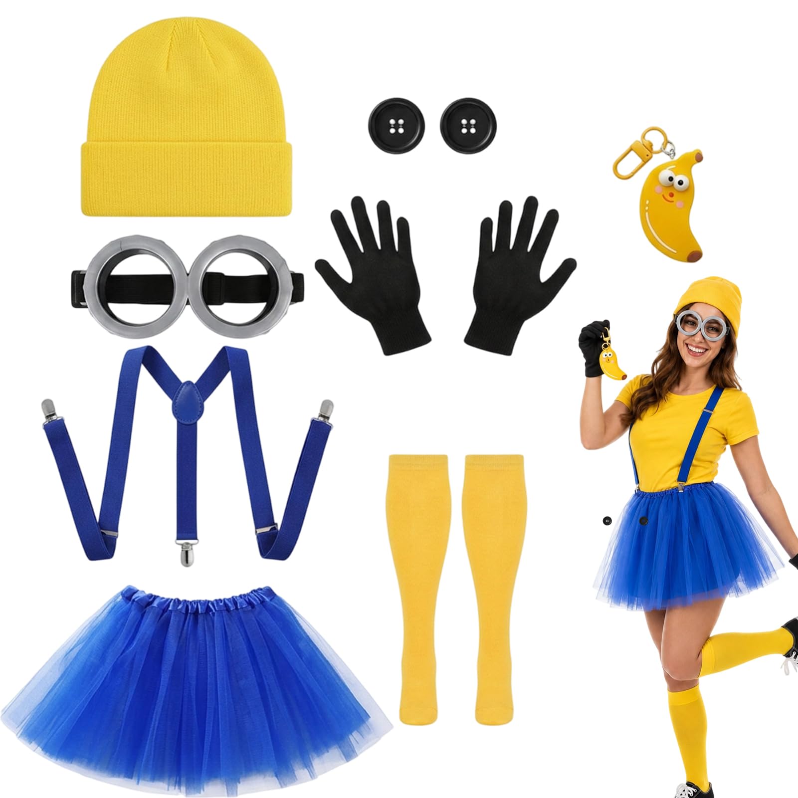 CYCFMYYLY 9PCS Yellow Halloween Costume, Yellow Costume Set for Adults Cosplay Dress Up Outfit Party