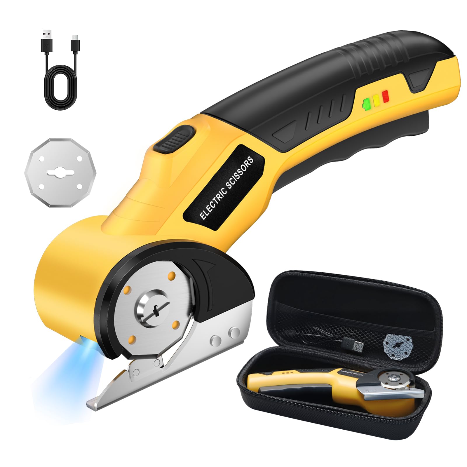4V Cordless Electric Scissors, Effortless Cutting with Safety Lock & LED Light, 2 Blades Power Rotary Cutter Saves 50% Time on Cardboard, Fabric,
