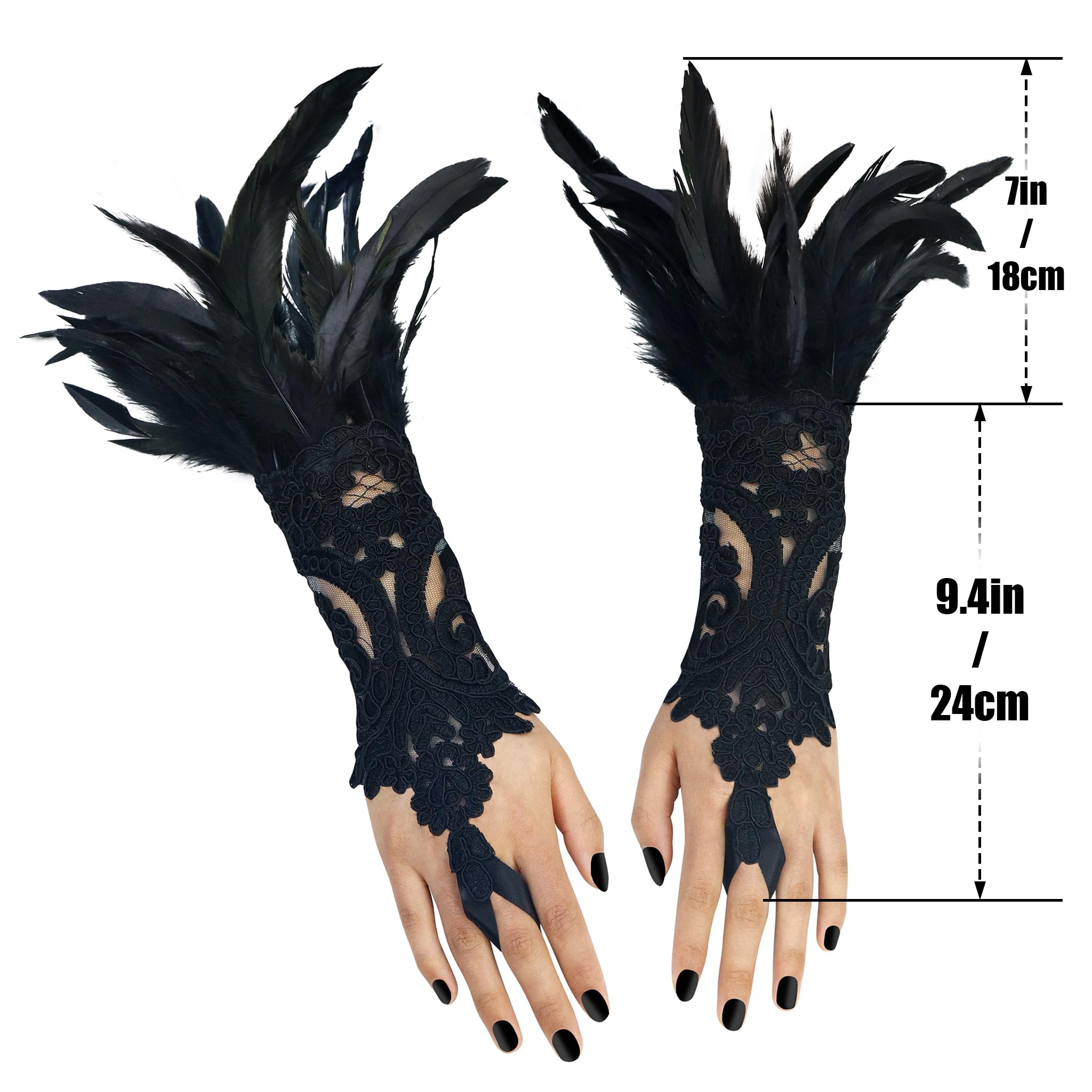 Guantes largos de encaje de plumas negras para mujer, para Halloween, paquete de 2, Negro 3, Talla única