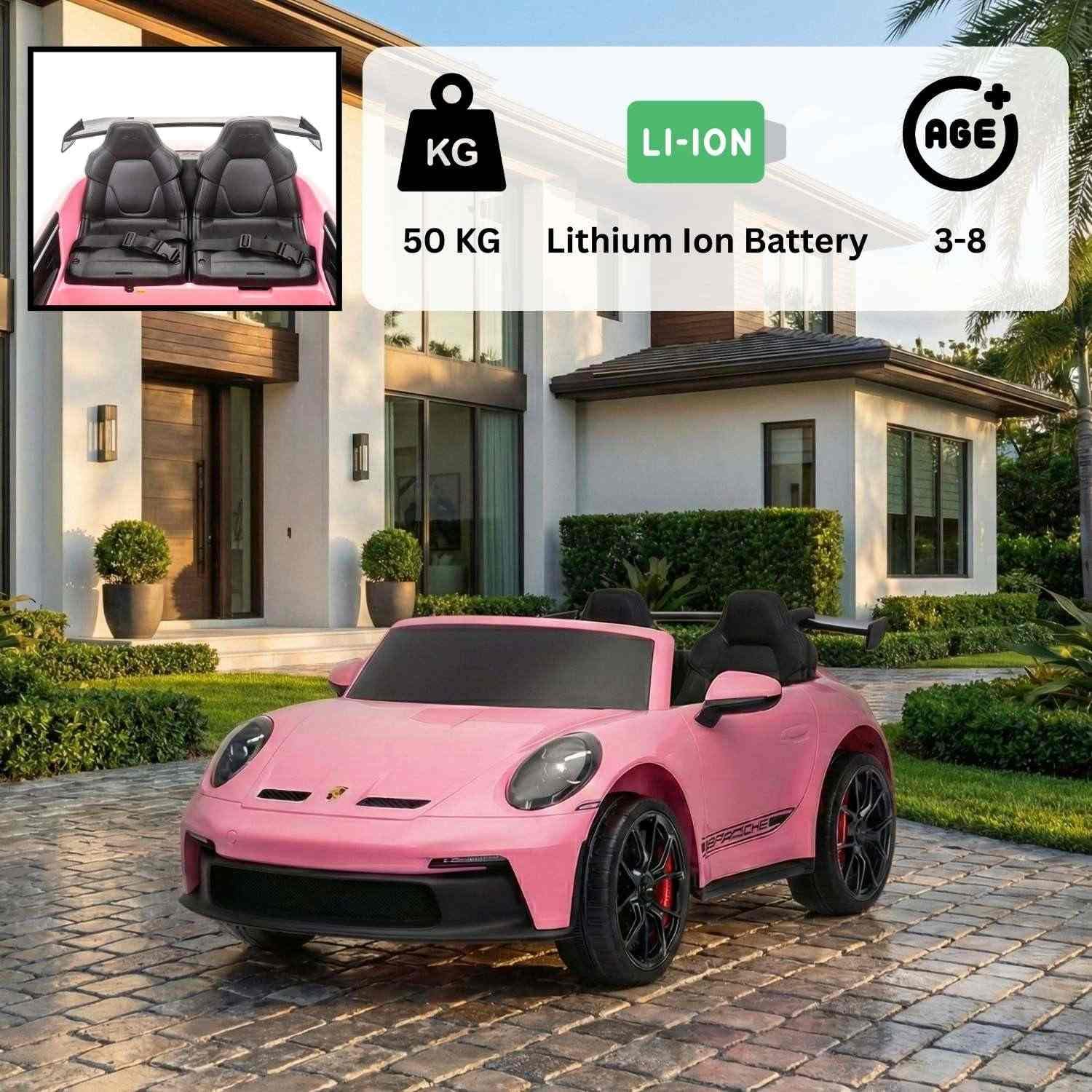 Elektrisches Kinderauto Porsche 911 24V mit 4x4-Antrieb, rosa, Zwei Sitze, 2,4-GHz-Fernbedienung, USB/AUX-Eingang, 200W-Motoren, Federung, Lithium-Batterie, LED-Leuchten vorne und hinten