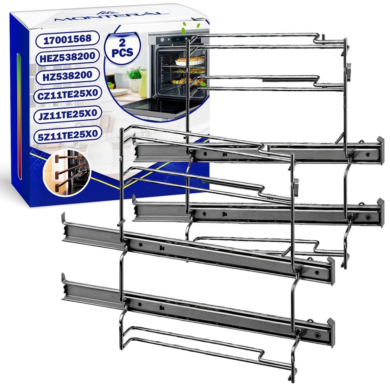 2 Stück Teleskopauszug Backofen 2 Ebenen mit dem Originalcode 17001568 HEZ538200 HZ538200 für Bosch für Siemens CZ11TE25X0 für Constructa JZ11TE25X0 für Junker - Garantie 10 Jahre - MONTERAL