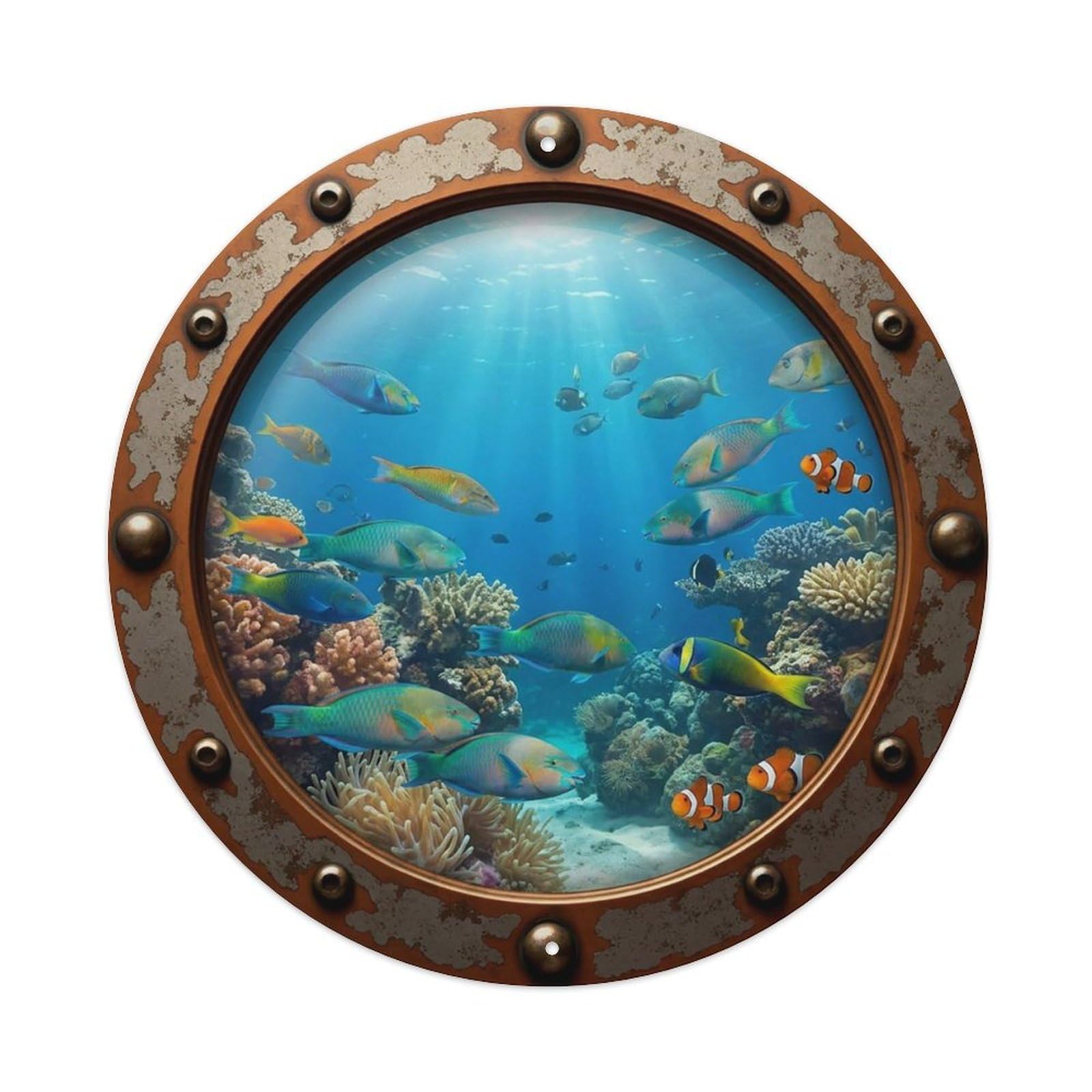Gead 8X8inch Style Vintage Porthole Wrasse Fish Nautical Window View Metal Tin Sign