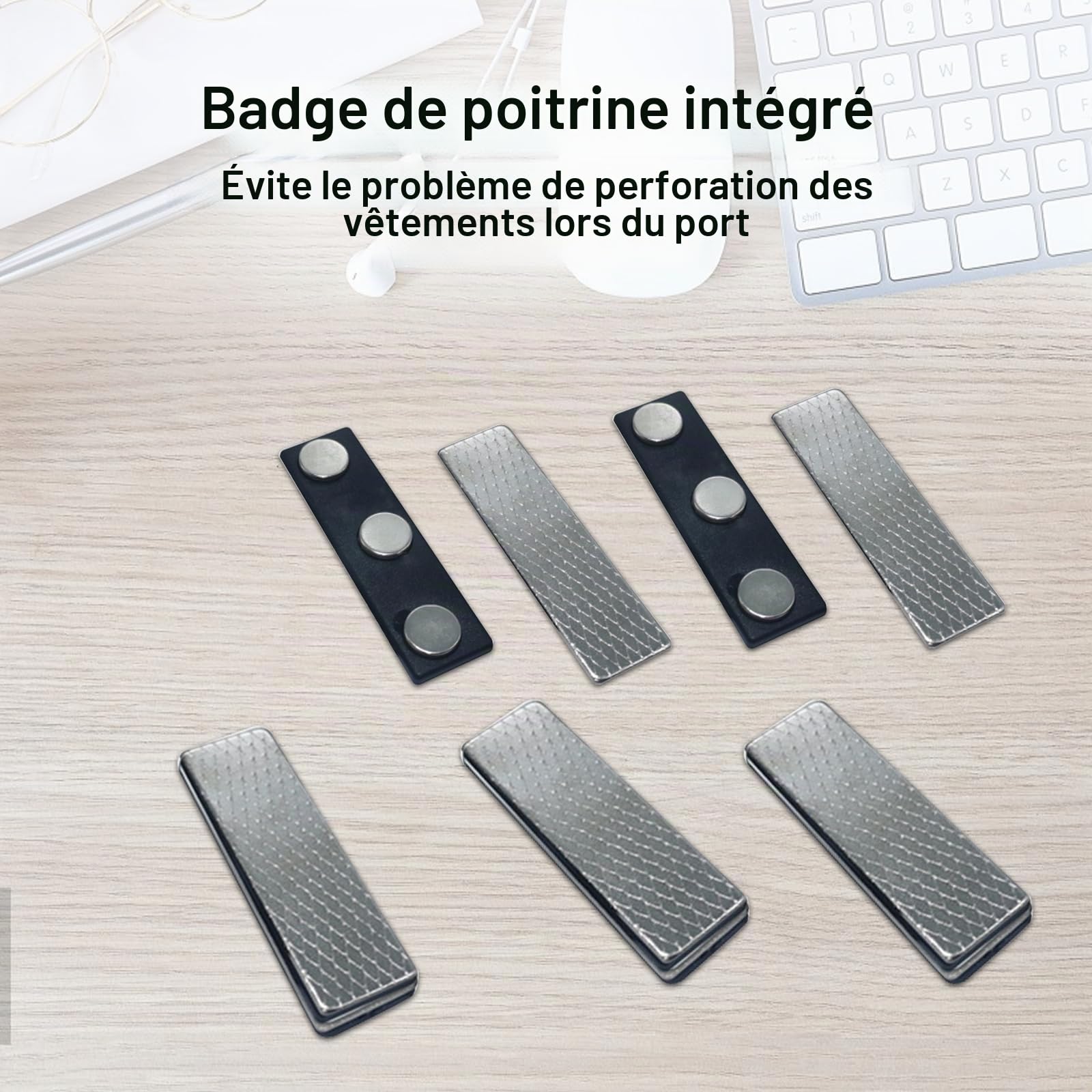 Lot de 100 Porte Badge Aimanté Badges Magnétiques Adhésifs Badges Nominatifs Aimantés Autocollants en Métal avec Aimant à 3 Points pour veste, revers de chemise, 45 x 13 mm