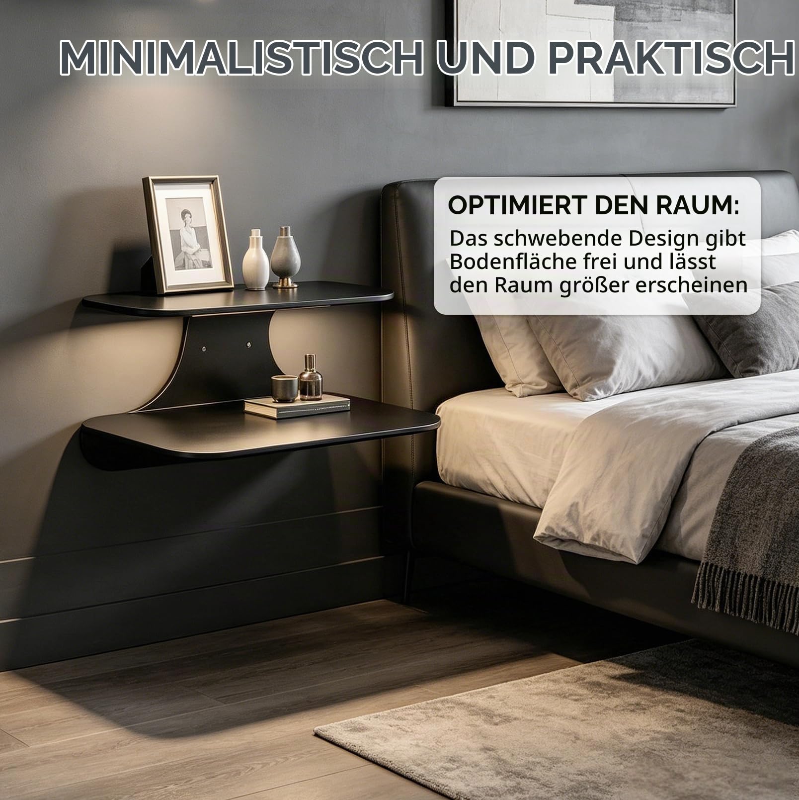 2 Stück Schwebender Nachttisch Hängend, 39x19cm Wandregal | Nachttisch Schmal mit 2 Ebenen, Moderner, Schwarz Metall, Kratz, Stoß & Schlagfest, Als Hängend, Schminktisch oder Sideboard