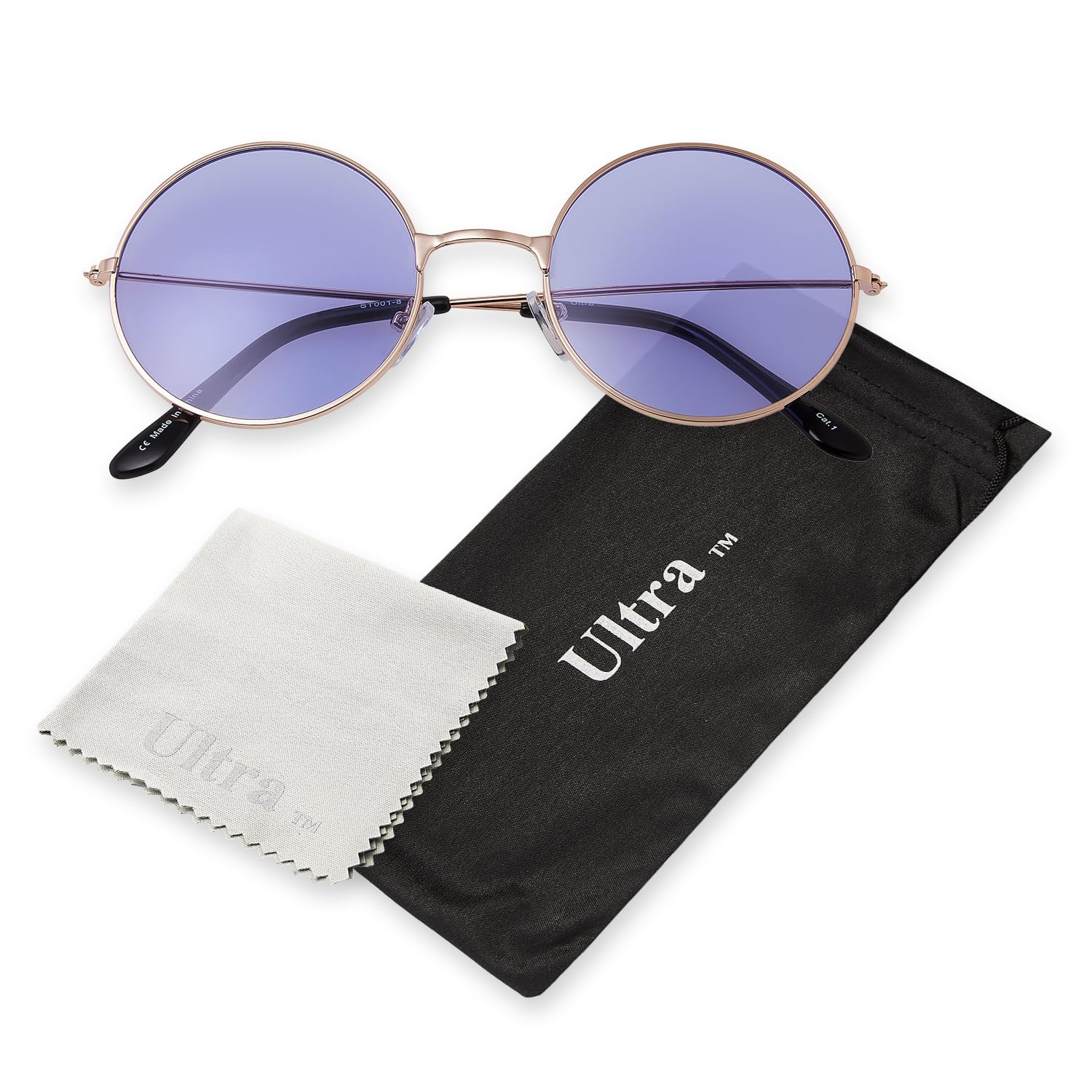 Ultra Large Round Retro Sunglasses UV400 - Large Circle Unisex Metal Frame with Spring Hinges, Carry Pouch & Cleaning Cloth Mens Womens Shades - Gold with Lilac Lenses