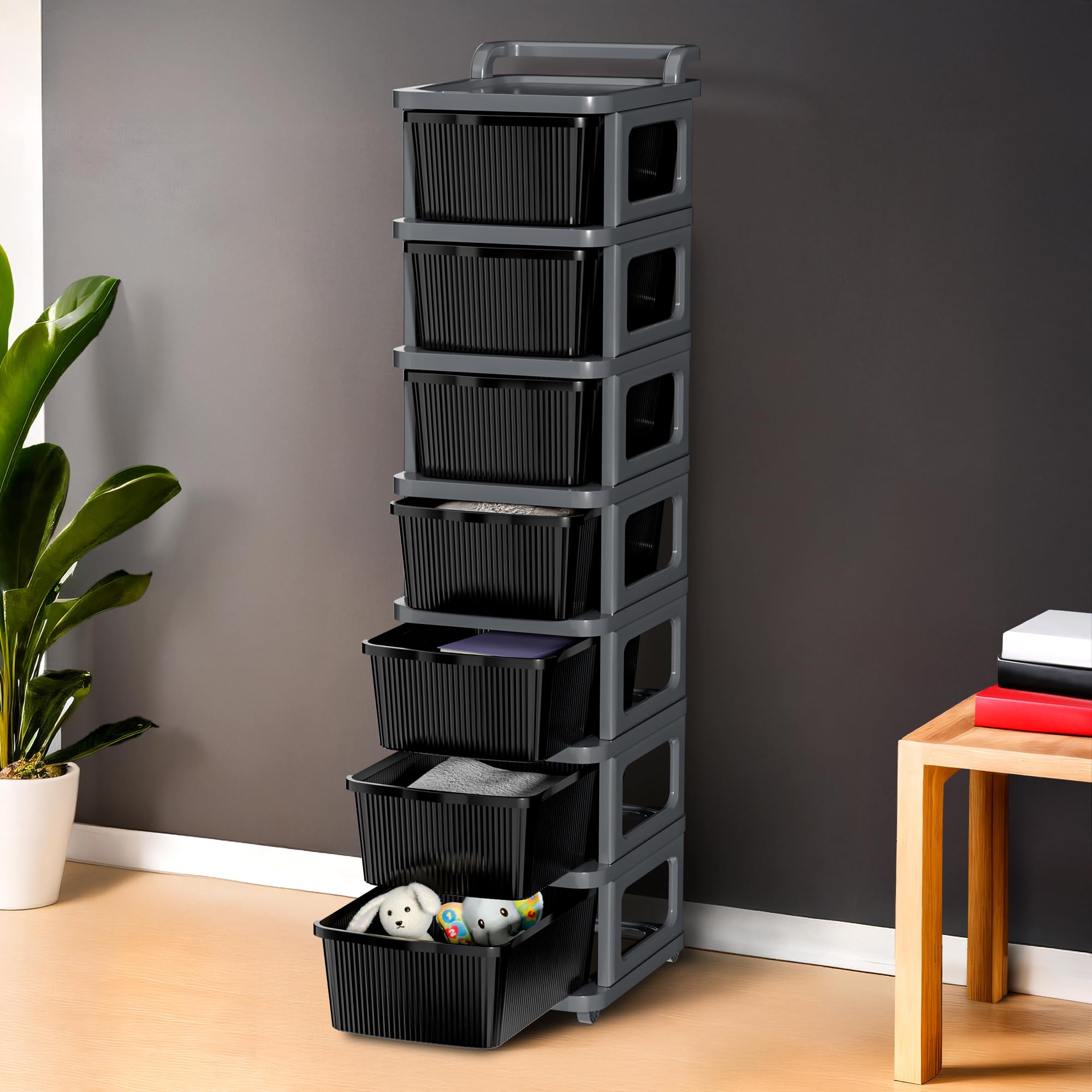 Kuber Industries 7 Layer Heavy Duty Plastic Storage Drawer with Wheels | Modular Cabinet for Bedroom, Office, Home | Chest of Drawers Organiser for Cosmetics, Kitchen items, Toys | Grey & Black