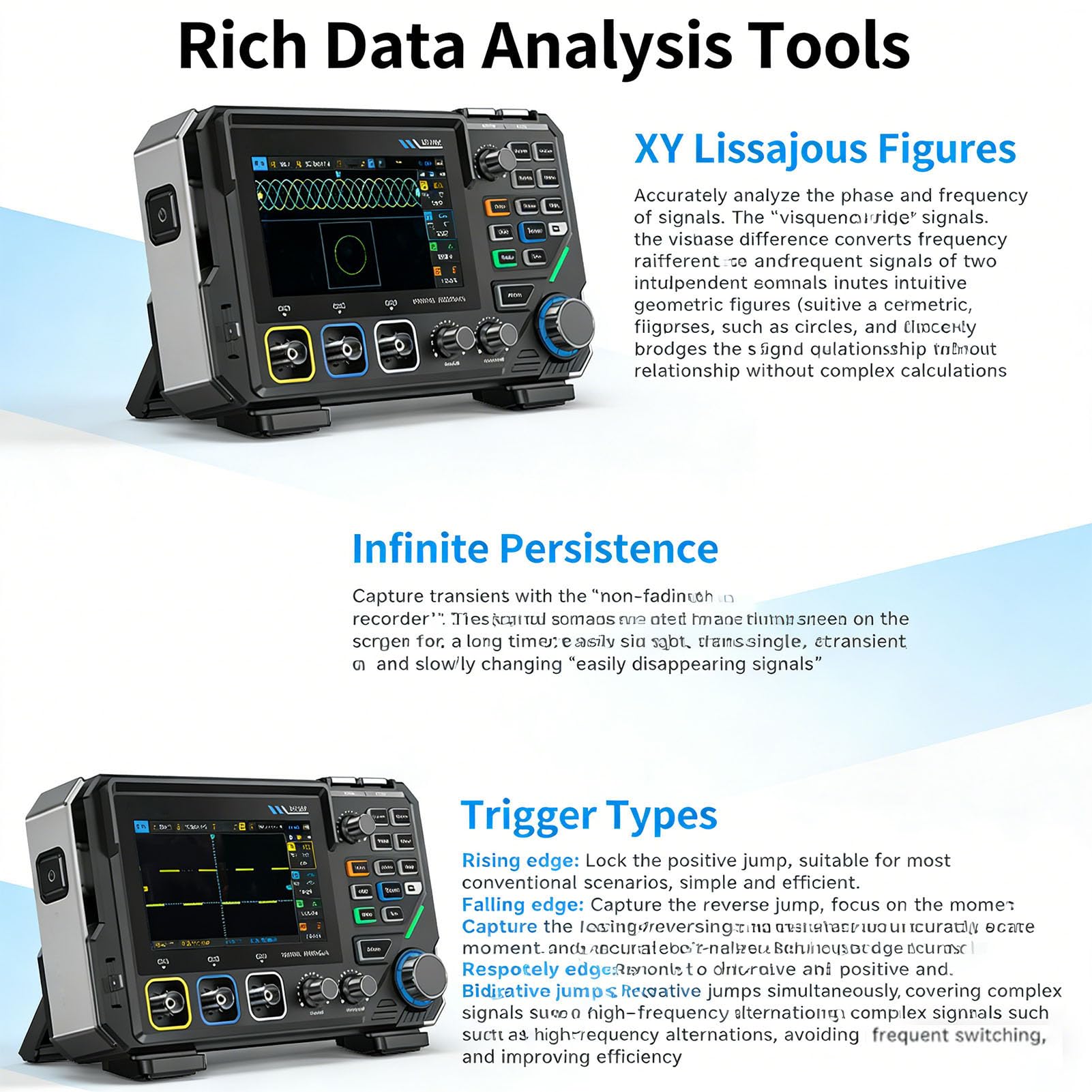 Osciloscopio Digital 100 MHz 3 en 1 con Multímetro y Generador DDS | Doble canal, 500 MSa/s, pantalla táctil IPS de 4,3 pulgadas y generador DDS de 10 MHz para análisis y diagnóstico.