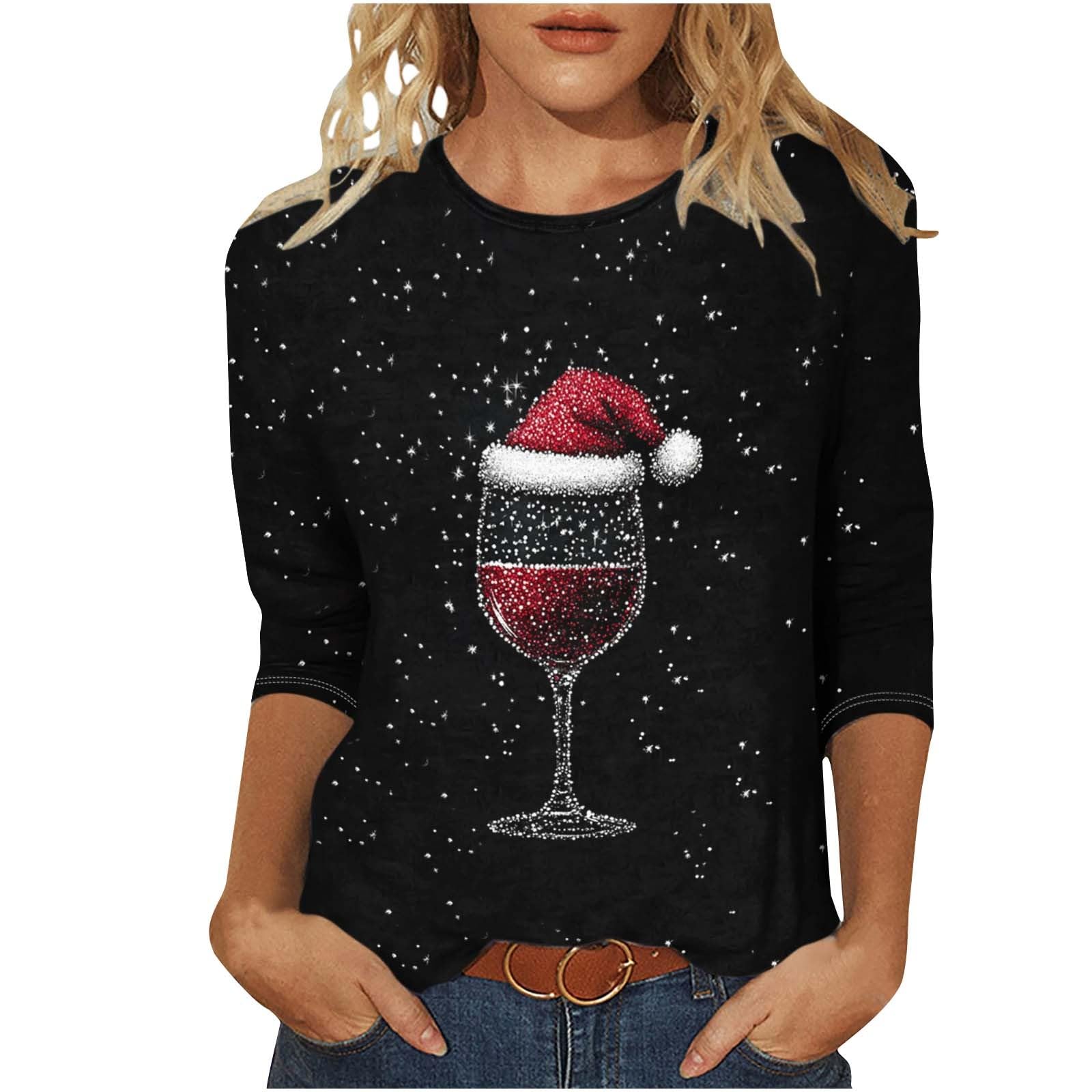 Ugly Christmas Sweater Women 3 4 Sleeve Glitter Red Wine Glass T-Shirts Tunic Tops Funny Santa Hat Party