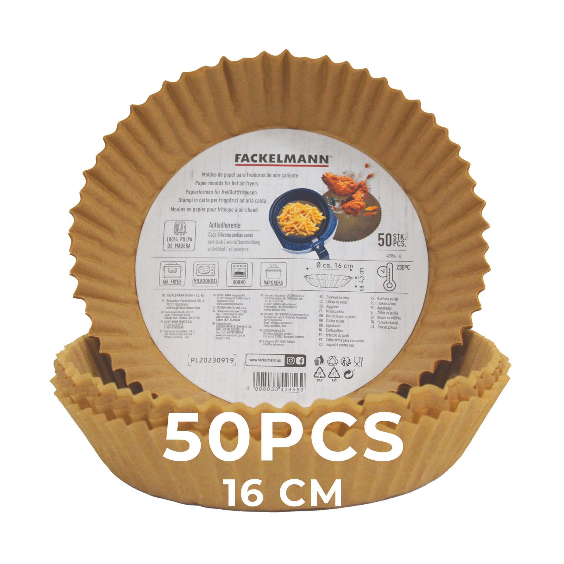 Fackelmann Bandeja de Papel para Freidora de Aire, Papel Air Fryer Redondo, Antiadherente y Resistente hasta 230ºC, Accesorios Freidora de Aire, 16x4,5 cm, 50 uds, Apto para Cosori, Cecotec y más