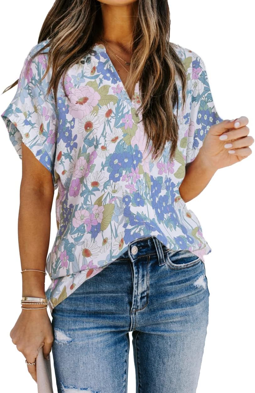 Allimy Women Summer Casual Split V Neckline Floral Chiffon Blouses Loose Tunic Short Sleeve Tops