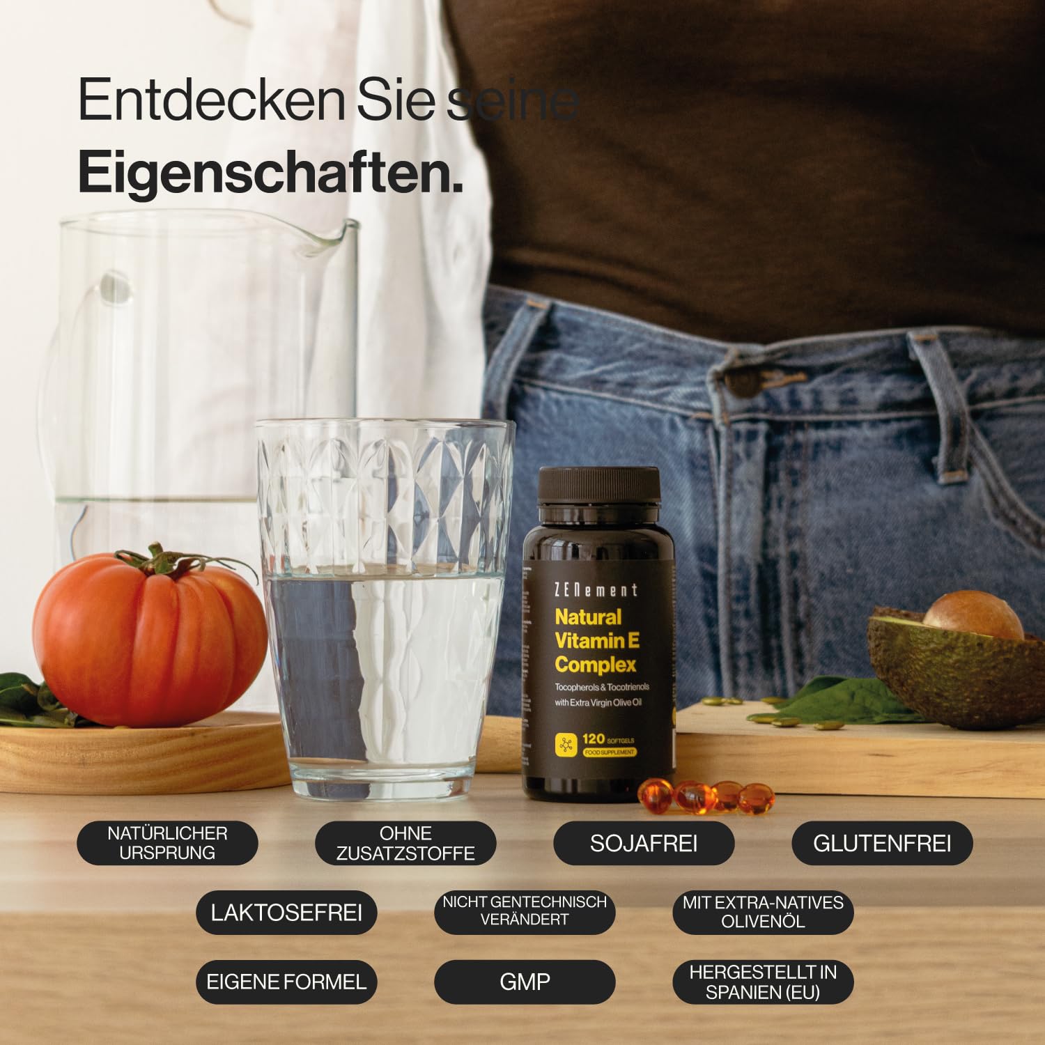 Natural Vitamin E Complex – Tocopherole und Tocotrienole – Starkes Antioxidans, Schützt die Zellen vor Oxidativem Stress – mit Nativem Olivenöl Extra aus Spanien – 120 Kapseln – Zenement