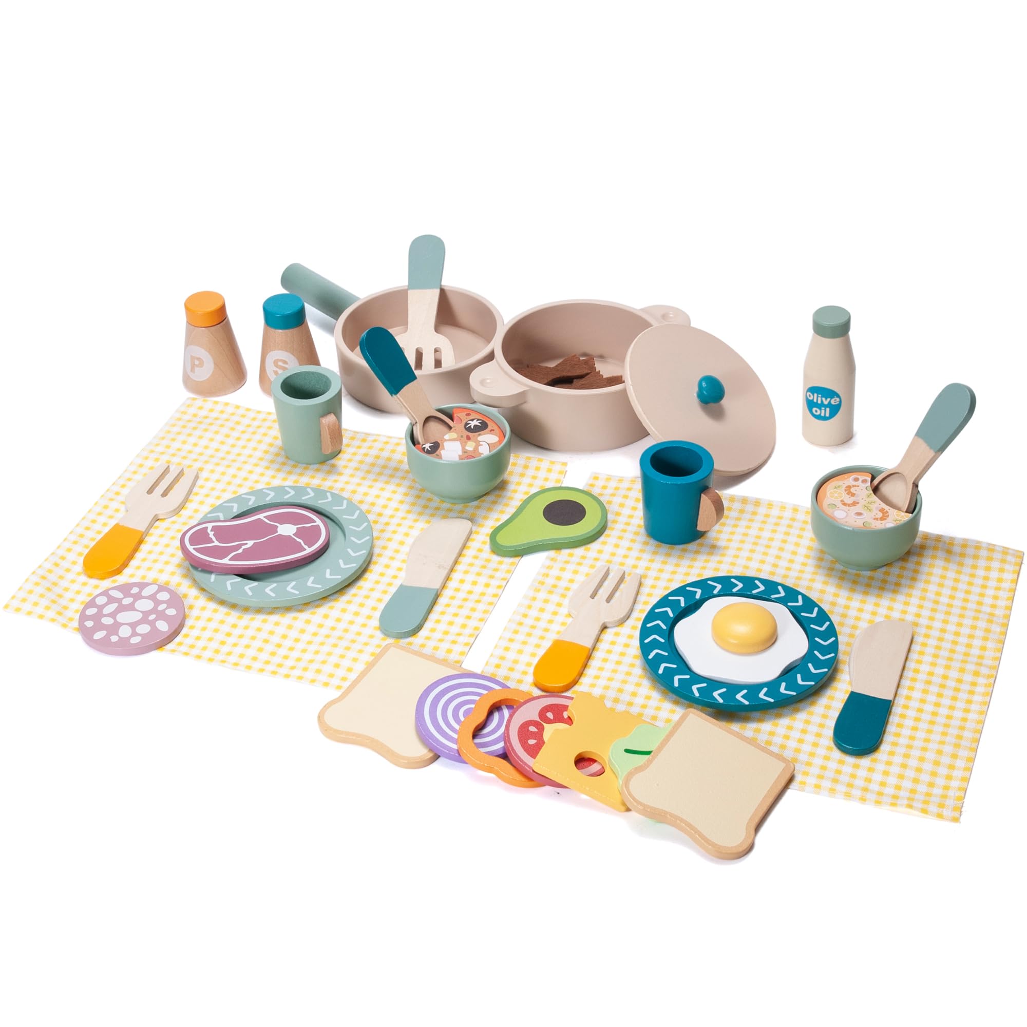 Donmills 39pcs Pretend Play Kitchen Accessories Kids Cooking Set, Wooden Toy Pots and Pans Sets for Toddlers, Montessori Toys Food Cookware Playset Gift for Girls and Boys