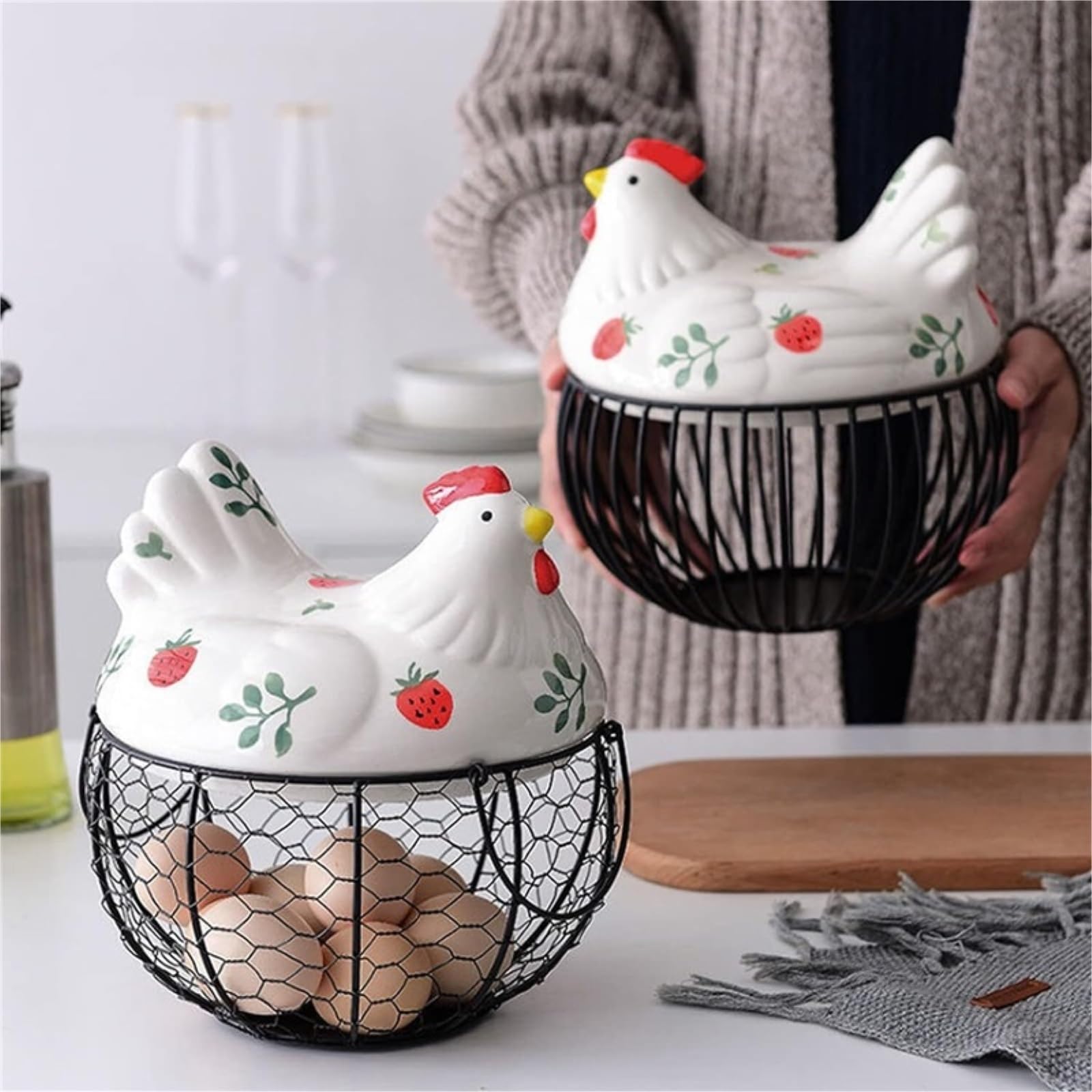 koszyczki na jajka z drutu, Kosz na jajka z ceramicznym wzorem truskawkowym do przechowywania w kuchni 7,67 x 8,85 cala