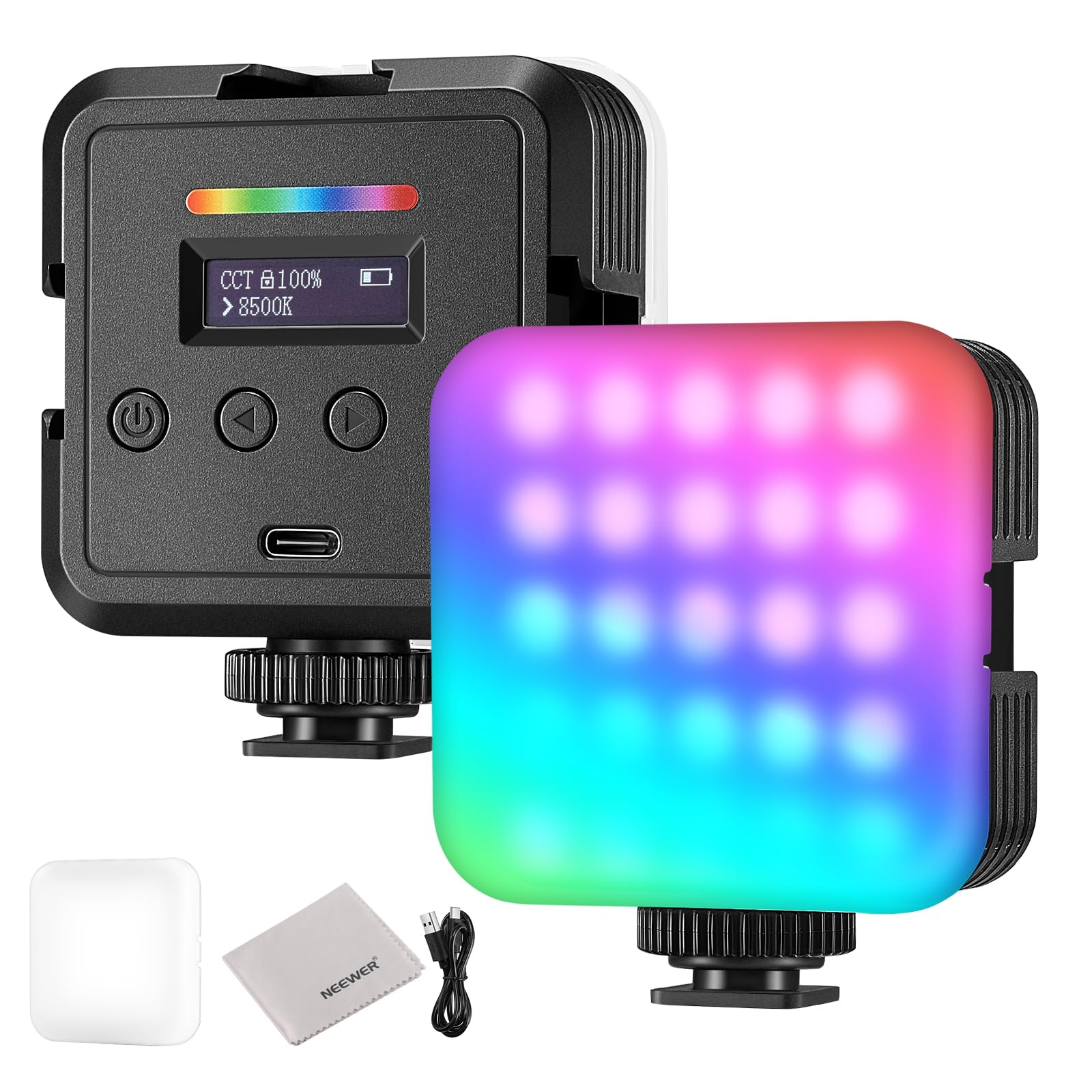 NEEWER Lampe Magnétique RGB pour Appareil Photo,360° Couleur RGB61 CRI97+ 2500-8500K 2000mAh Petit Panneau LED Portable pour Enregistrement Vidéo Streaming,3 Sabot Froid,20 Scènes,Chiffon de Nettoyage