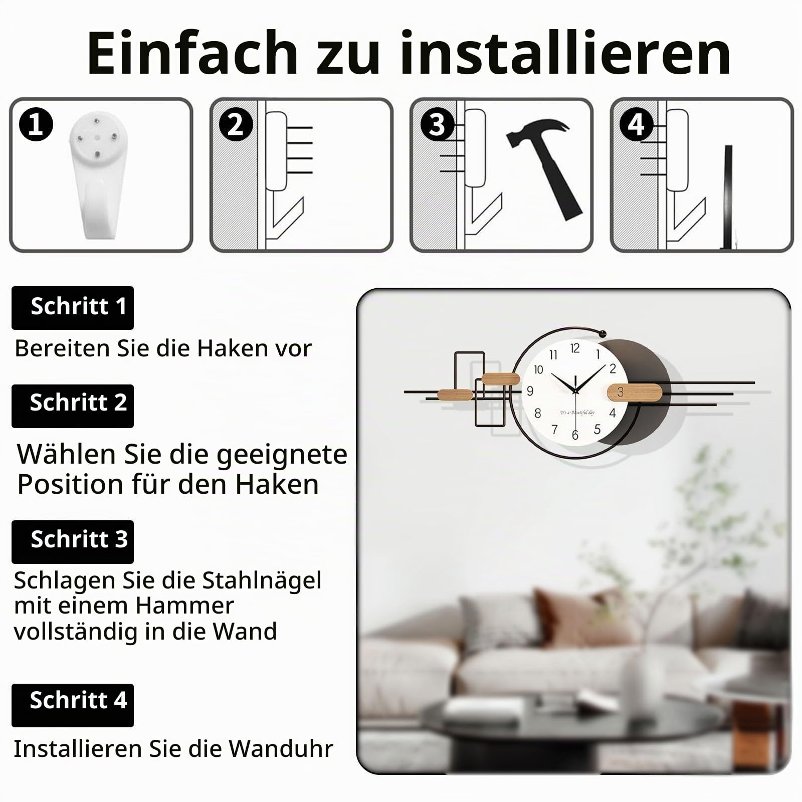 Wanduhr Groß XXL, Minimalistisch Modern Wanduhren, Stille Wanduhr Ohne Tickgeräusche für Wohnzimmer Schlafzimmer Küche Büro Haus