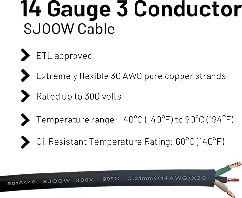 Miniatura 3 de Cable SJOOW de 25 pies 143 14 AWG 3 conductores SO Cable - Calibre 14 3 conductores (cable 143) Cable de extensión de alimentación portátil de 300 V