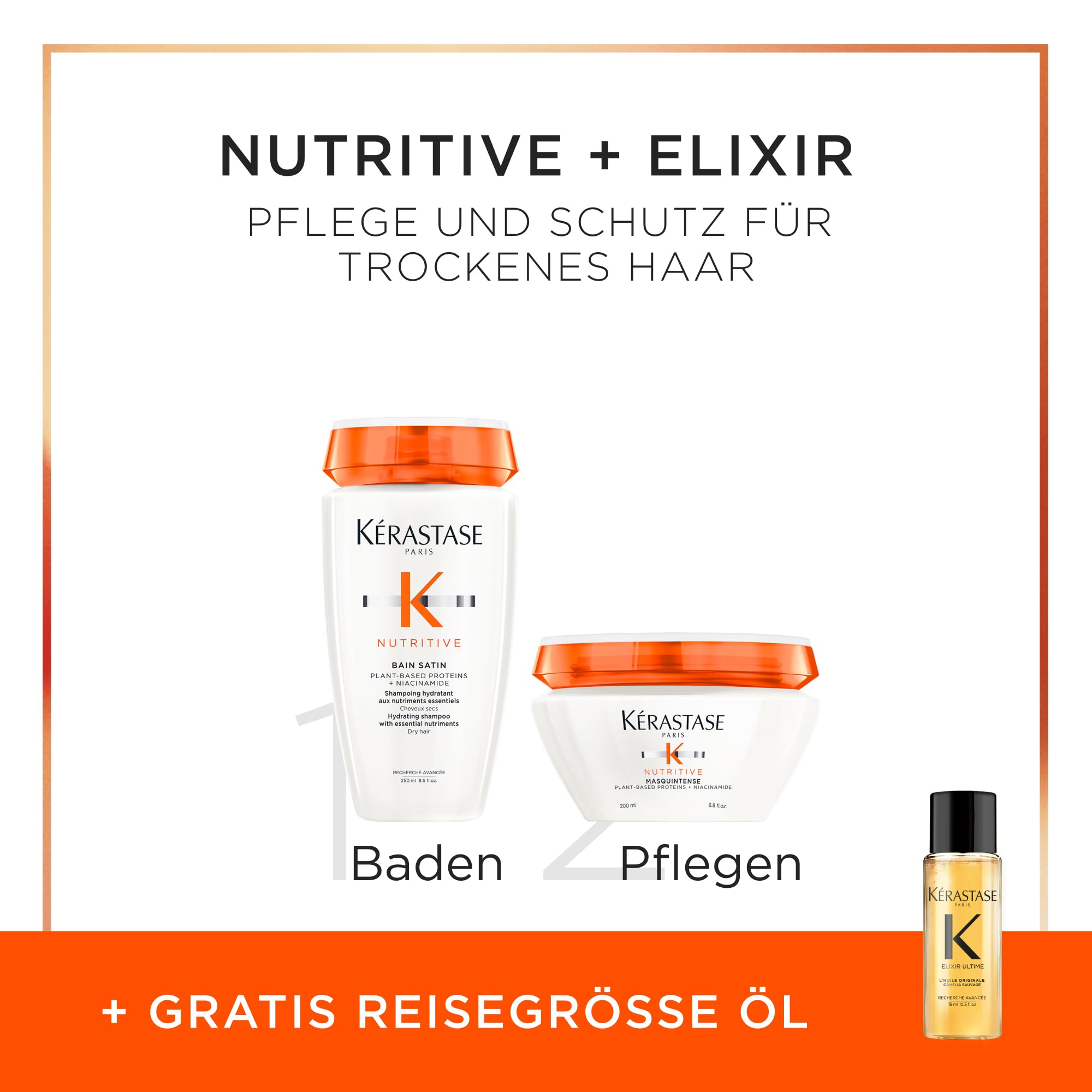 Kérastase Pflegeset mit Nutritive Bain Satin Riche High Nutrition Rich Shampoo, Nutritive Masquintense Deep Nutrition Soft Mask und Elixir Ultime Huile Originale Haaröl in Reisegröße (15 ml) gratis