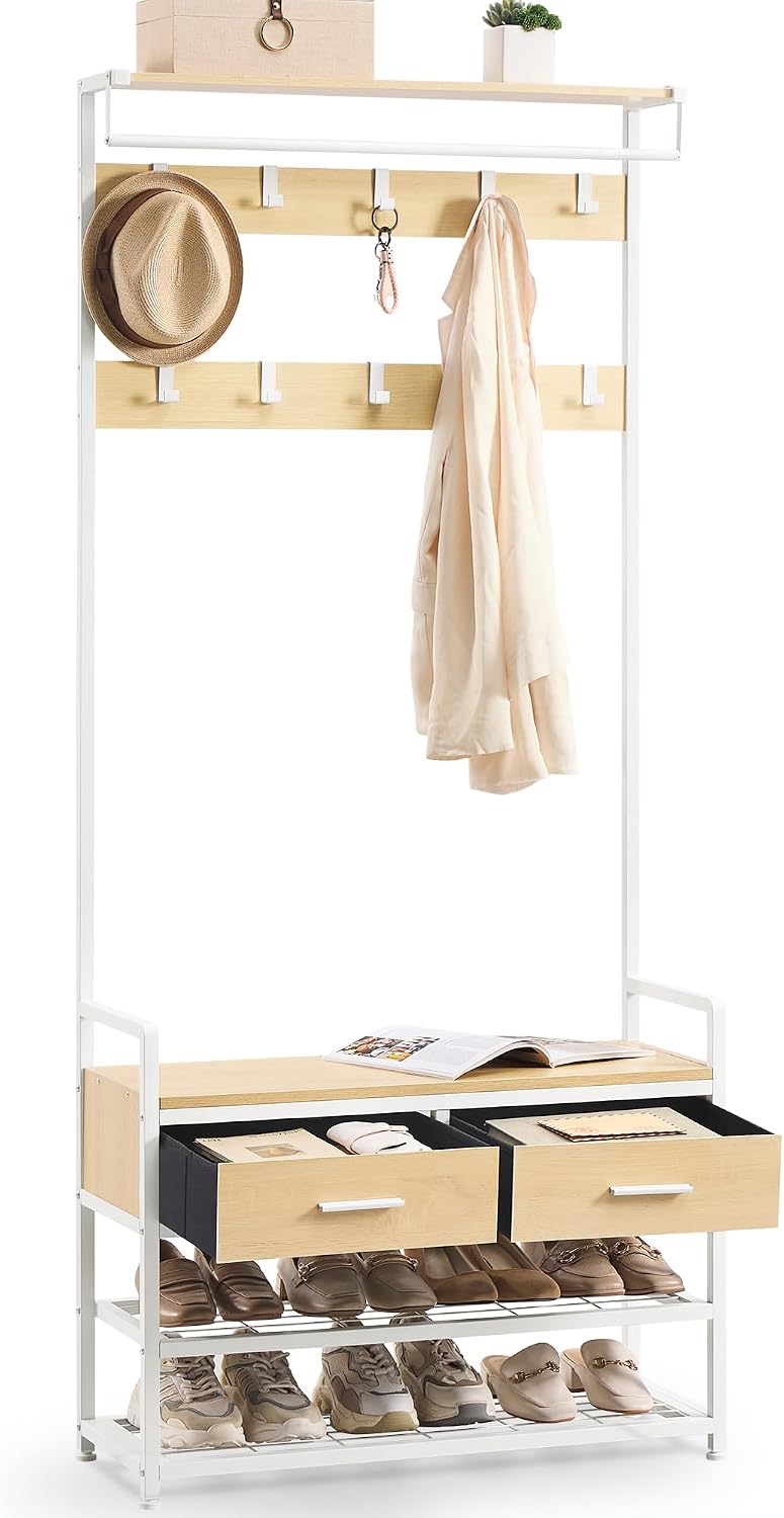 VASAGLE Appendiabiti da Ingresso, Mobile da Ingresso con 10 Ganci Rimovibili, 2 Cassetti, Panca Scarpiera, Design Separabile, 30 x 80,4 x 181,6 cm, Rovere Dorato e Bianco Opaco HSR429YA01