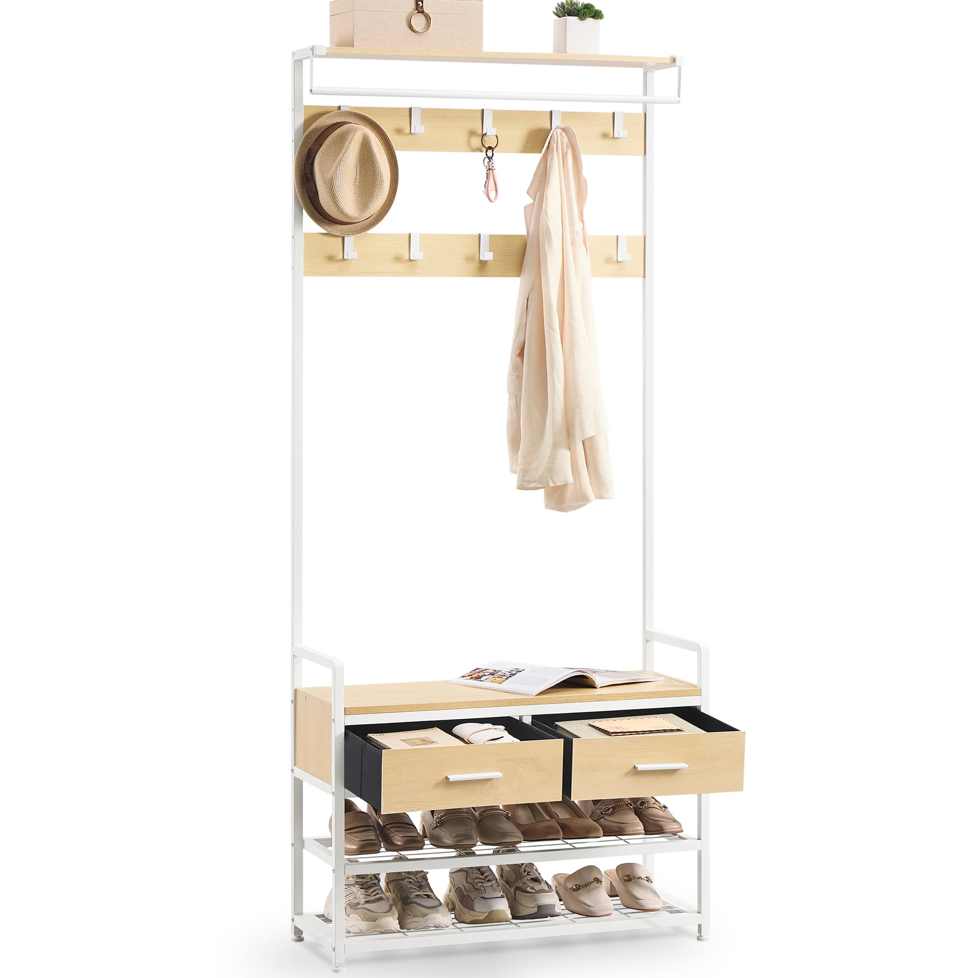 VASAGLE Garderobenständer mit Schuhbank, Garderobe, Schuhaufbewahrung, 2 Schubladen aus Stoff, 10 Haken, 6 seitliche Haken, 30 x 80,4 x 181,6 cm, goldeichenfarben-mattweiß HSR429YA01