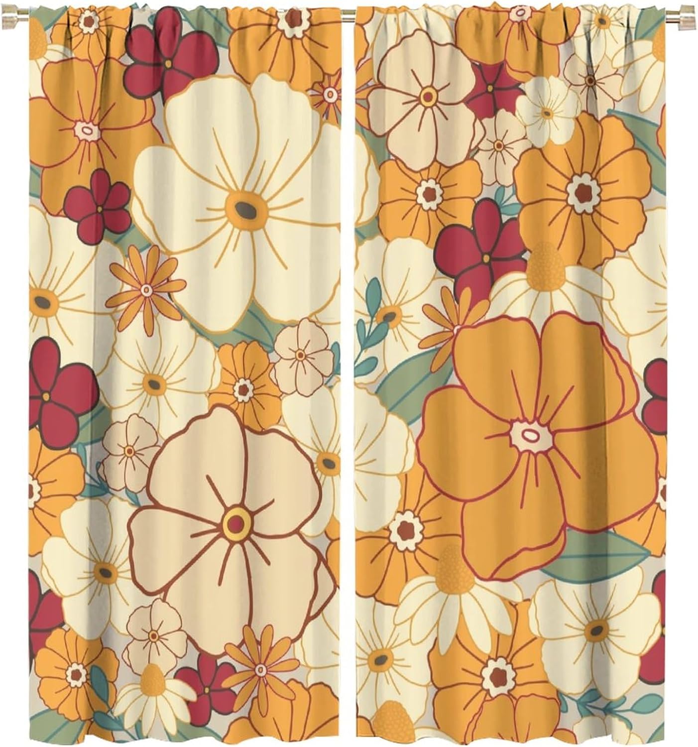 Vintage Floral Window Curtains, Boho Colorful 70s Style Retro Flower Hippie Groovy Abstract Funny Pattern Blackout Rod Pocket Window Treatments Drapes for Bedroom Living Room 55x63in