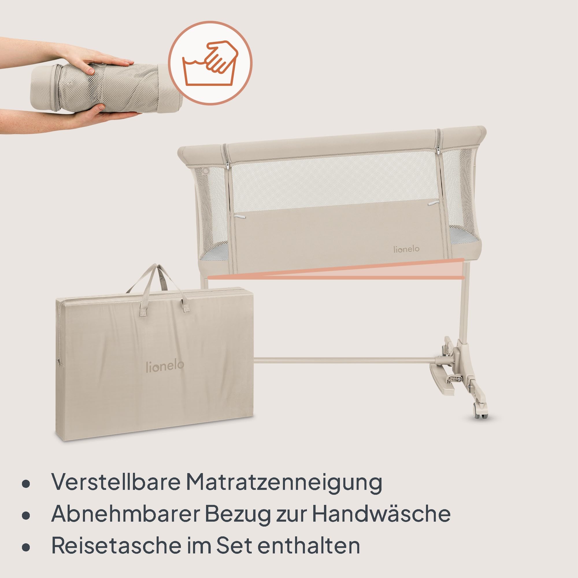 Lionelo Pari Beistellbett 3in1, 6-Fach höhenverstellbar, Neigungsverstellung, Boxspringbett, Wiege, Babybett, Netzseiten, Rollen mit Bremse, Matratze, 84 x 48 cm