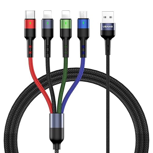 USAMS - Paquete de 2 cables de carga múltiple de nailon trenzado, 4 pies, 4 en 1, cable de carga USB con teléfonotipo Cconector micro USB para