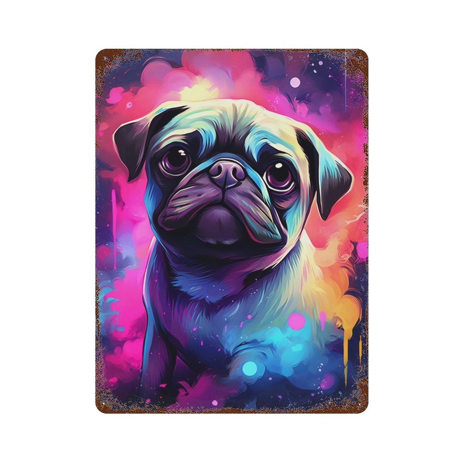 Rustic Tin Plaque Neon Pug Pop Art Print 15.7"x11.8", Retro Wall Decor for Shed, Workshop And Garage Wall Decor
