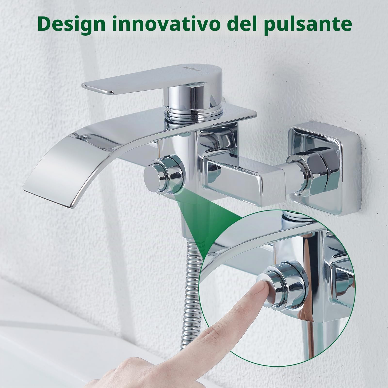 Rubinetto per Vasca da Bagno a Cascata, Miscelatore per Vasca da Bagno in Ottone, Miscelatore per Vasca con Interruttore di Pressione per Cambio, Monocomando per Vasca, Cromato