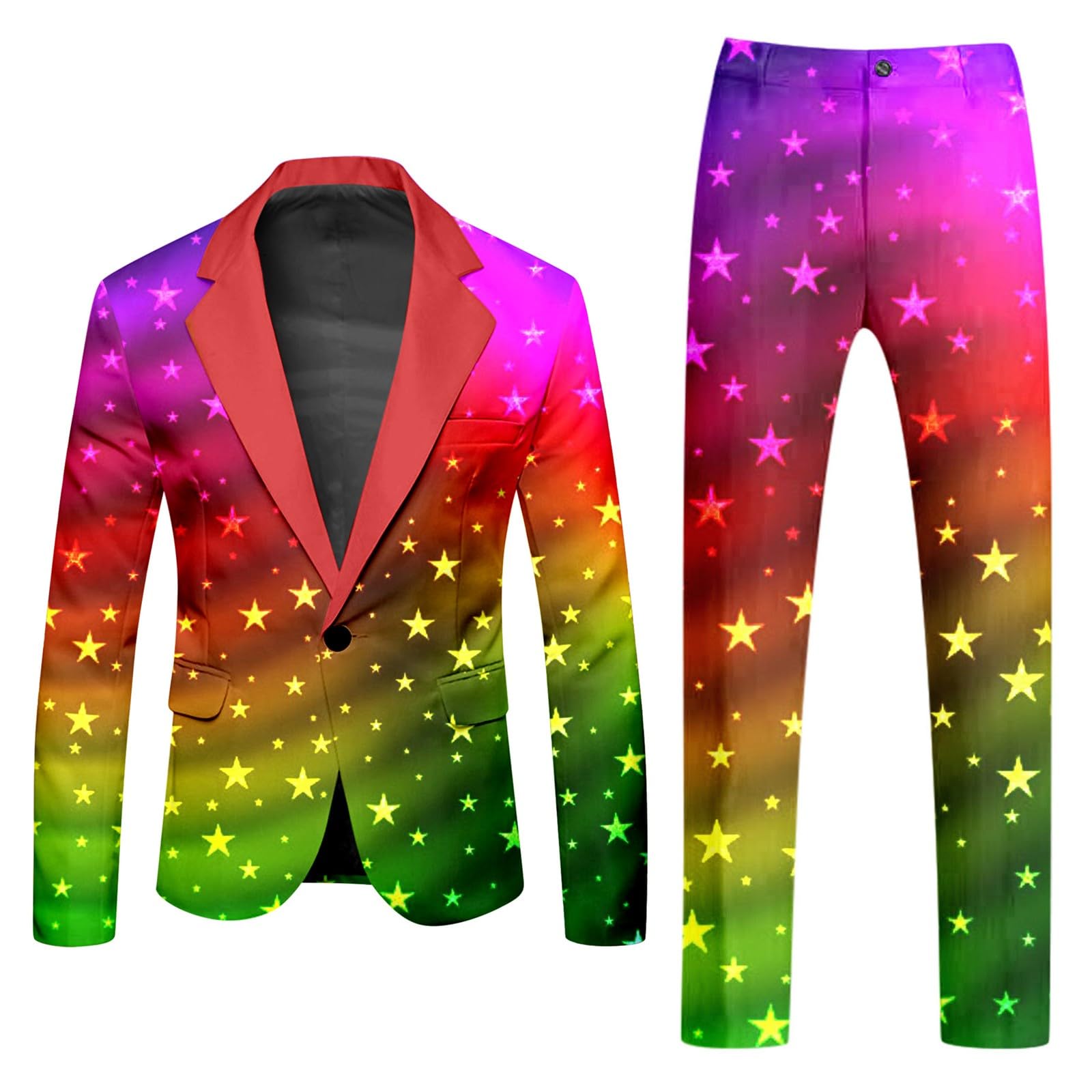 Generisch Neon Suit Men's Costume 2-Piece Slim Fit Suit Jacket Suit Trousers Two Piece Set Funny Novelty Rainbow Blazer Set Neon Theme Party Outfit Disco Night Club, O Hot Pink, XL