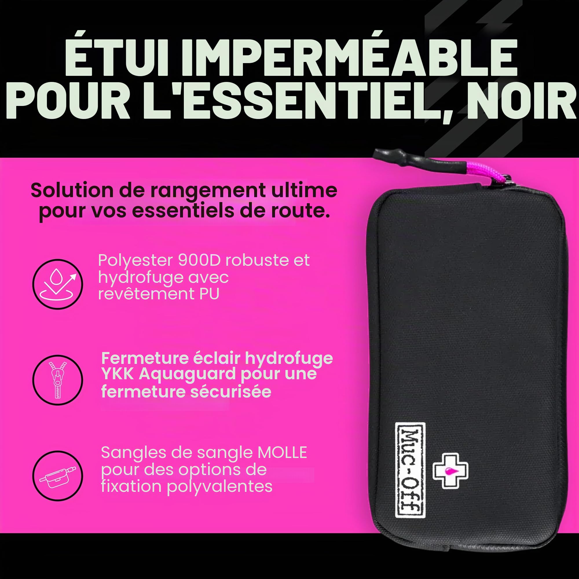 Muc-Off Pochette de Sport Imperméable - Sacoche de Sport Noire Polyester 900D Résistant - Sacoche de Rangement Étanche pour Vélo Idéale pour Chambres à Air, Démonte Pneus, Clés, Téléphone