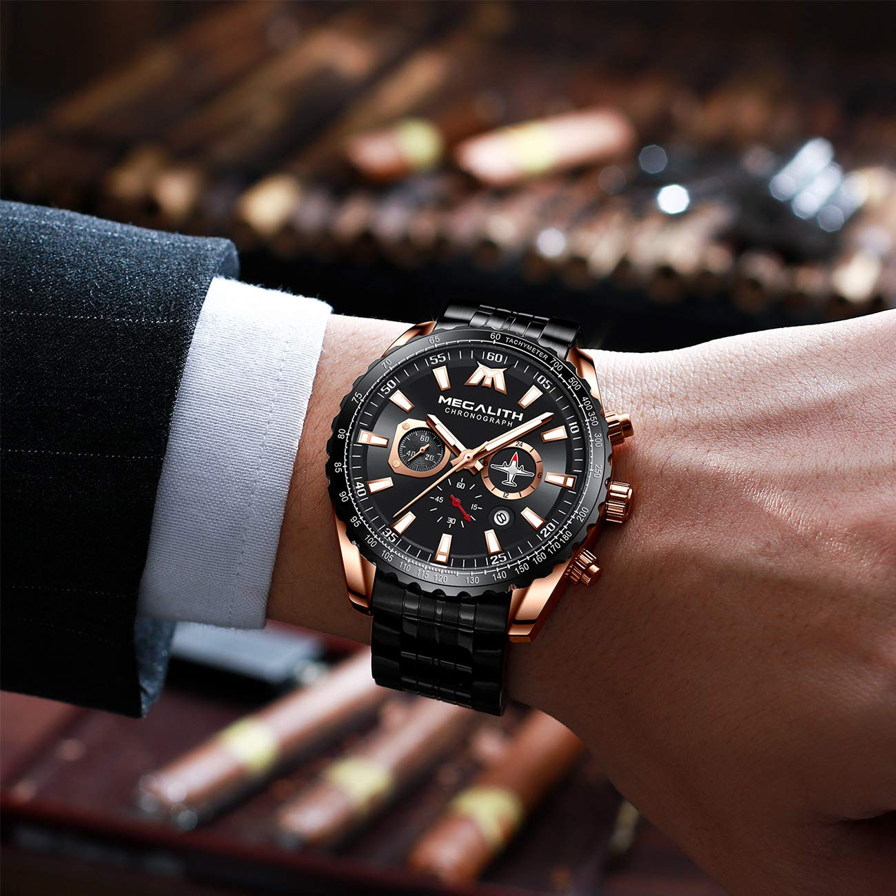 MEGALITH Mens Watches with Stainless Steel Waterproof Analog Quartz Fashion Business Chronograph Black Watch for Men, Auto Date