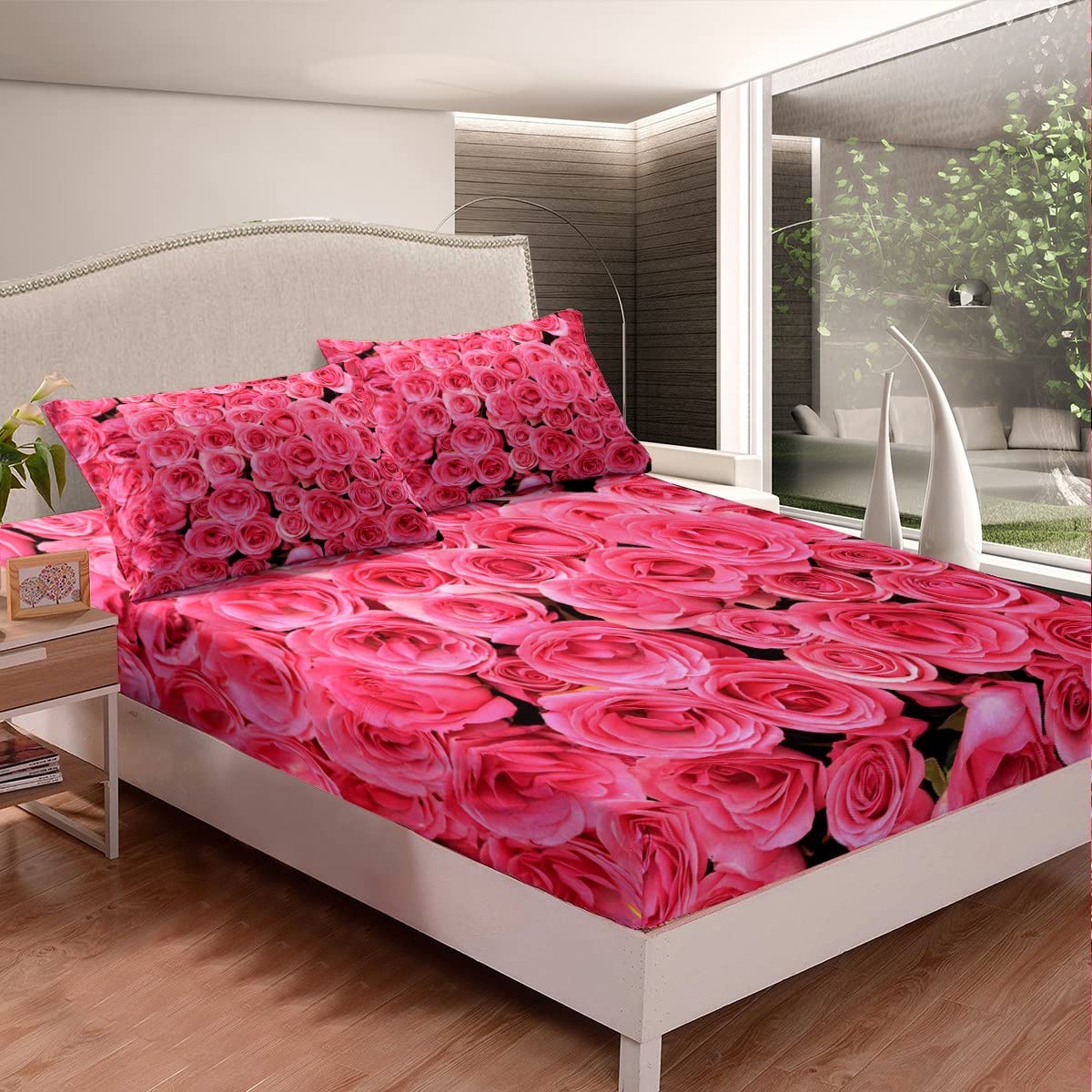 Rose Bedding Sheet Pink Rose Floral Fitted Sheet for Kids Boys Girls Flower Garden Double Size — image 1