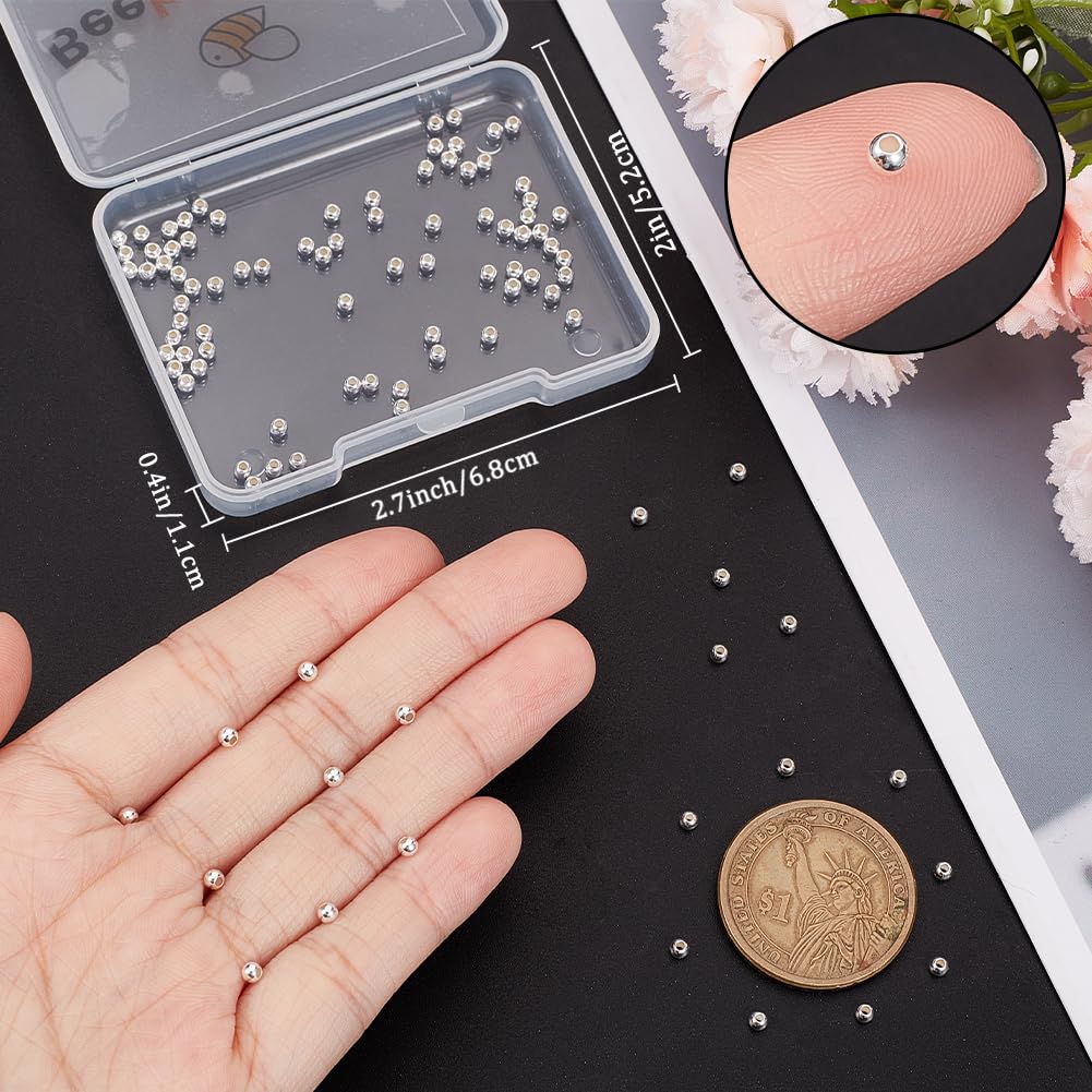 Beebeecraft 1 Caja 100 Piezas Cuentas Espaciadoras de 2.5 mm Plata de Ley Lisa Redonda Agujero Grande Cuentas de Bolas Sueltas para Hacer Joyas Pulseras Collar Agujero 1.1 mm